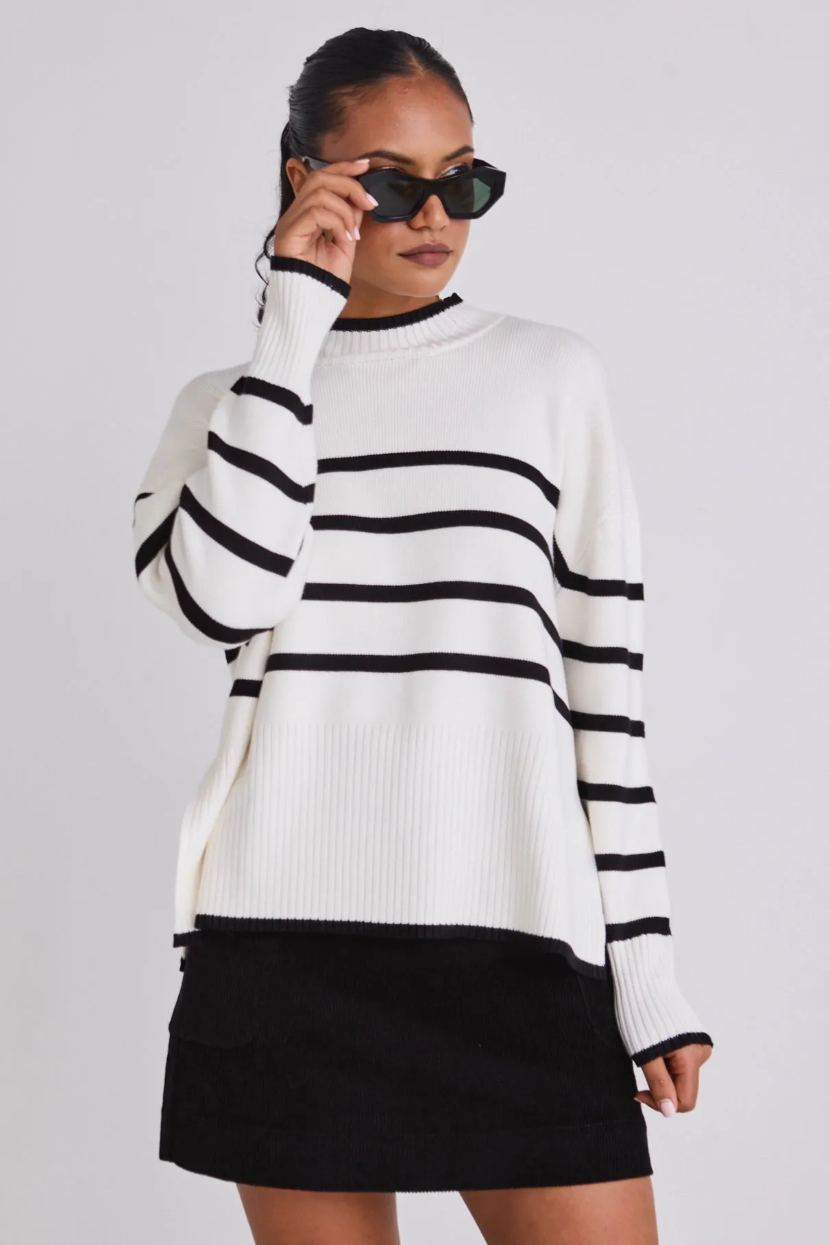 Ardent White Stripe Funnel Neck Jumper