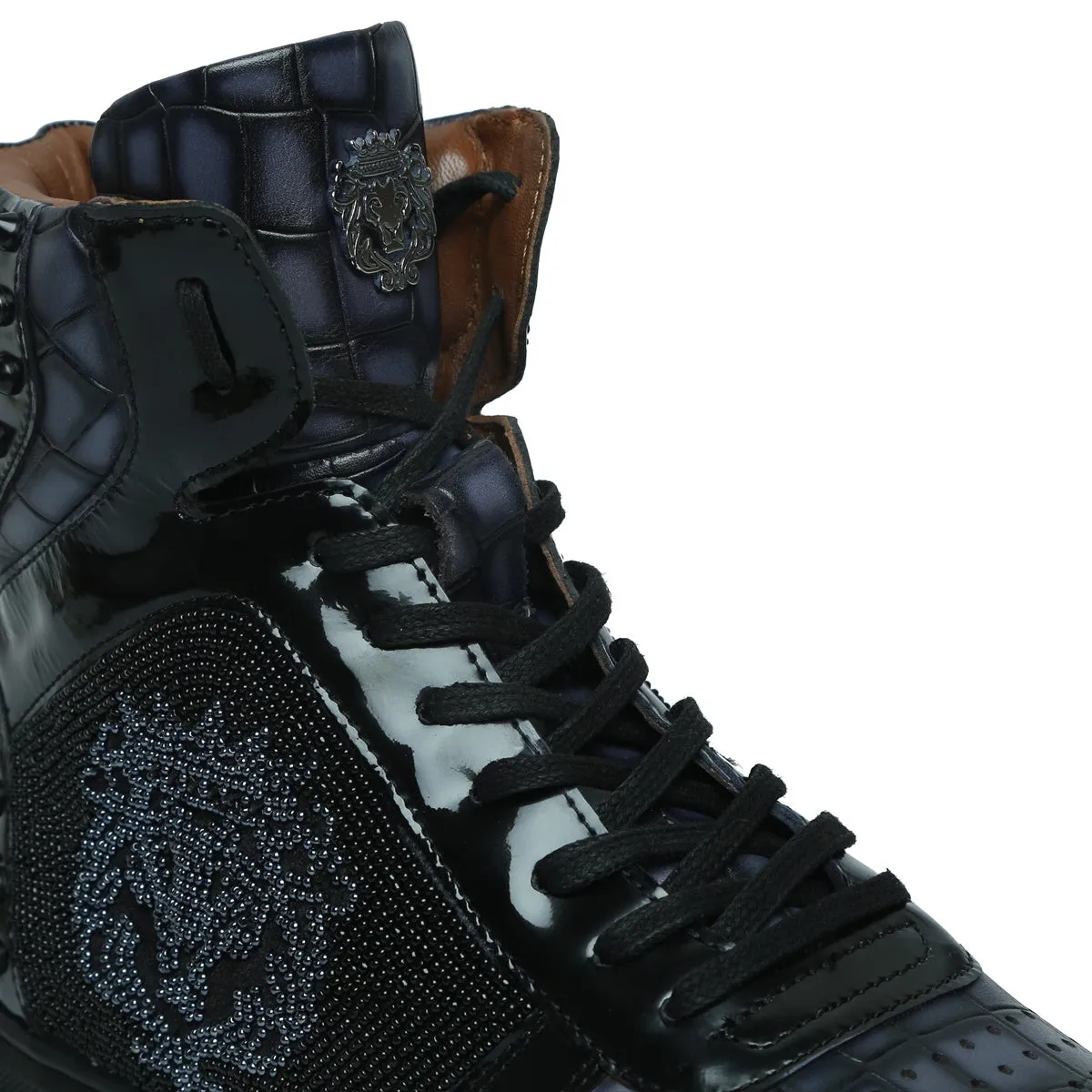 Beads Lion Zardosi Smokey Grey Studded Leather Sneakers with Patent Detailing by Brune & Bareskin