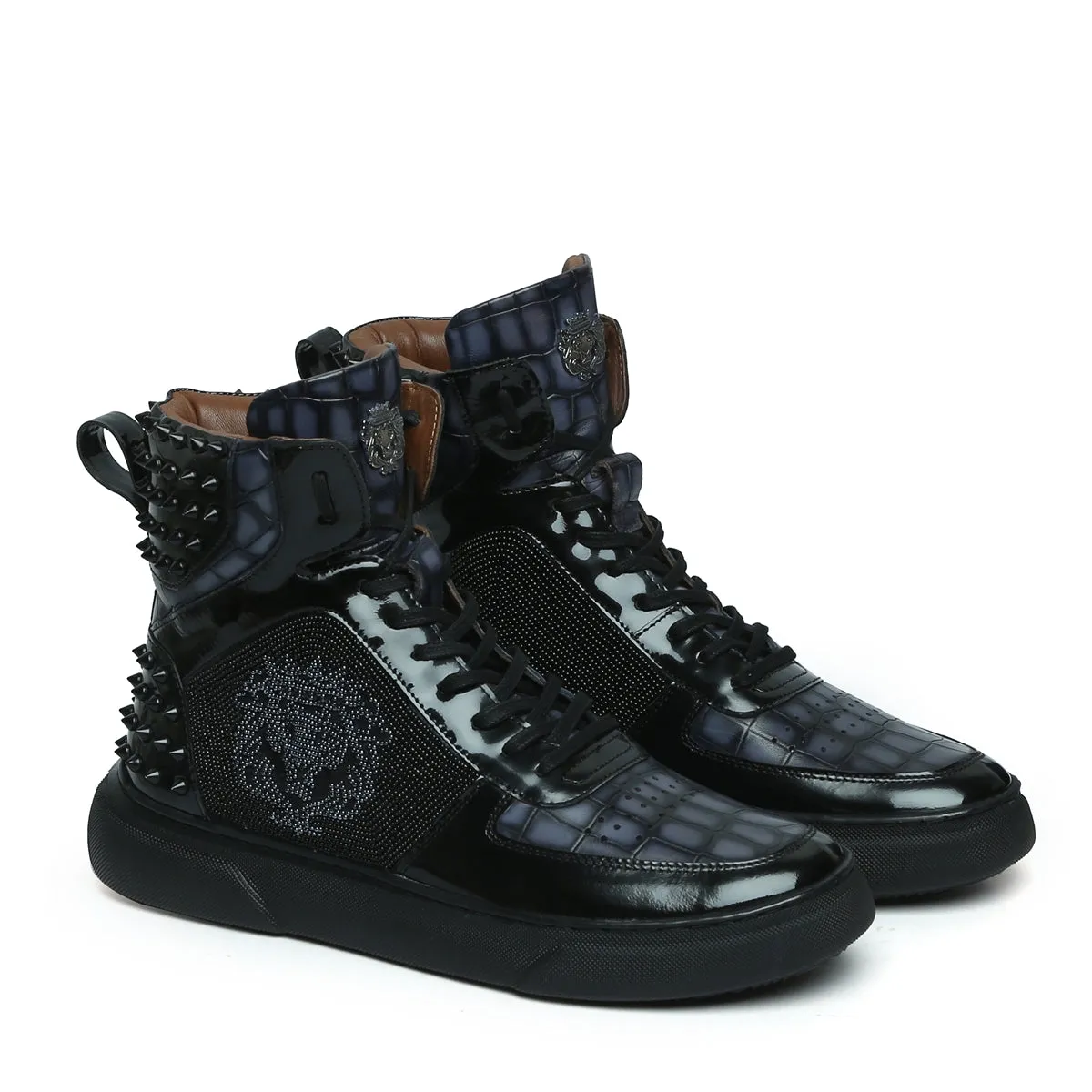 Beads Lion Zardosi Smokey Grey Studded Leather Sneakers with Patent Detailing by Brune & Bareskin