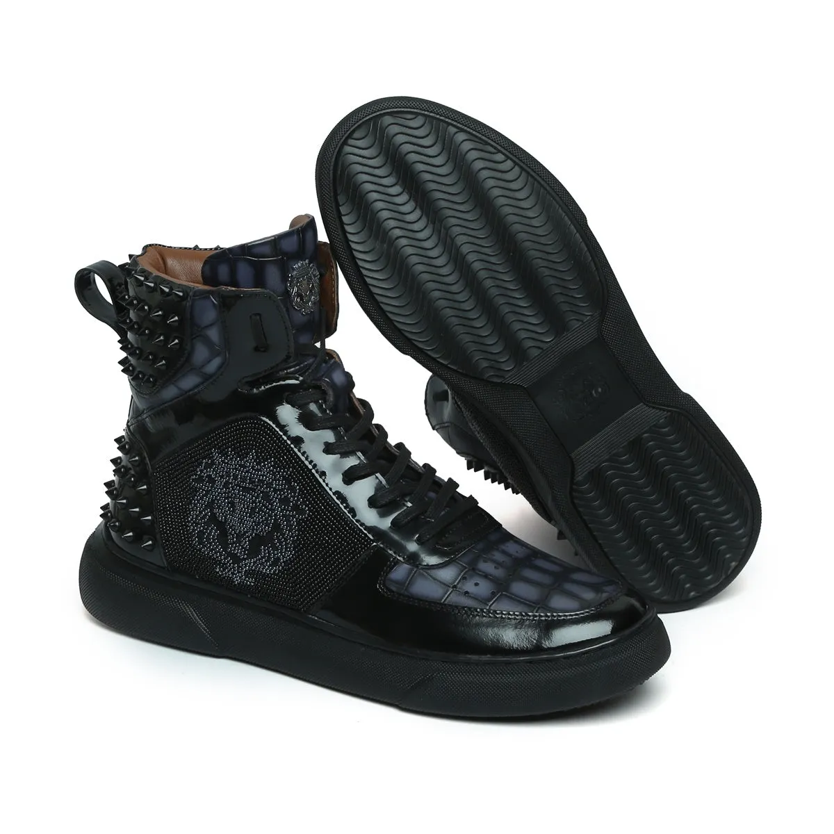 Beads Lion Zardosi Smokey Grey Studded Leather Sneakers with Patent Detailing by Brune & Bareskin