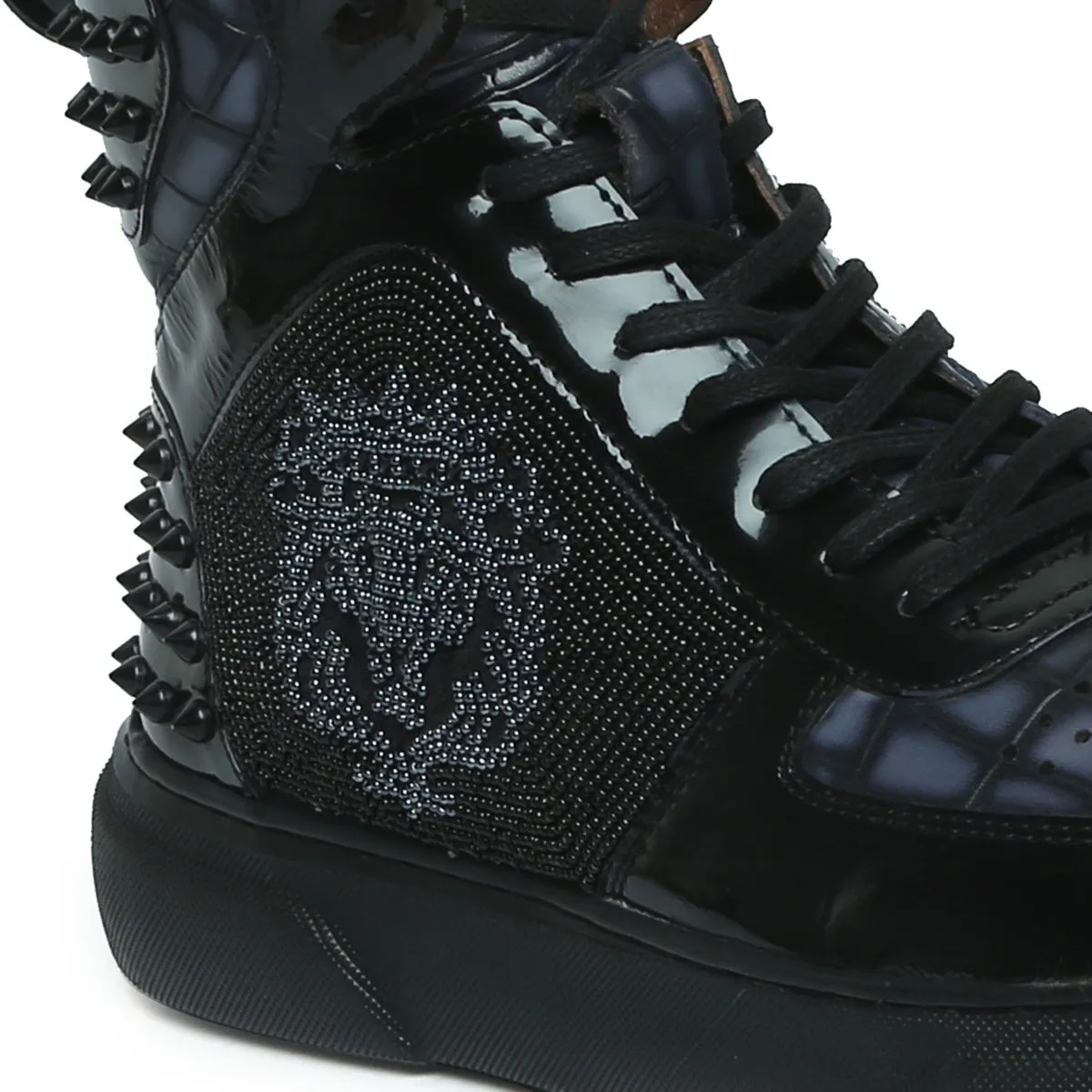 Beads Lion Zardosi Smokey Grey Studded Leather Sneakers with Patent Detailing by Brune & Bareskin