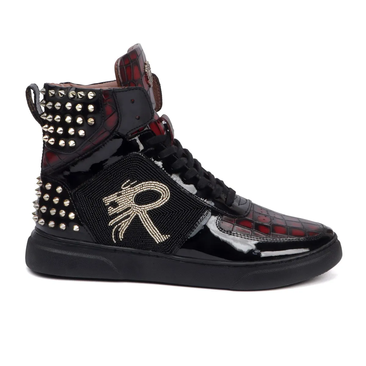 Bespoke Black and Wine Beads Zardosi Black Studded Leather Sneakers by Brune & Bareskin