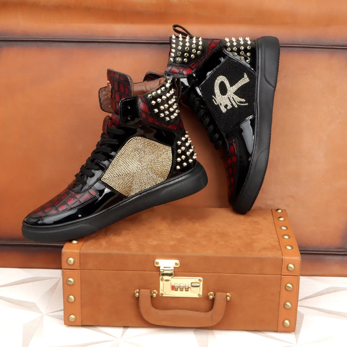 Bespoke Black and Wine Beads Zardosi Black Studded Leather Sneakers by Brune & Bareskin