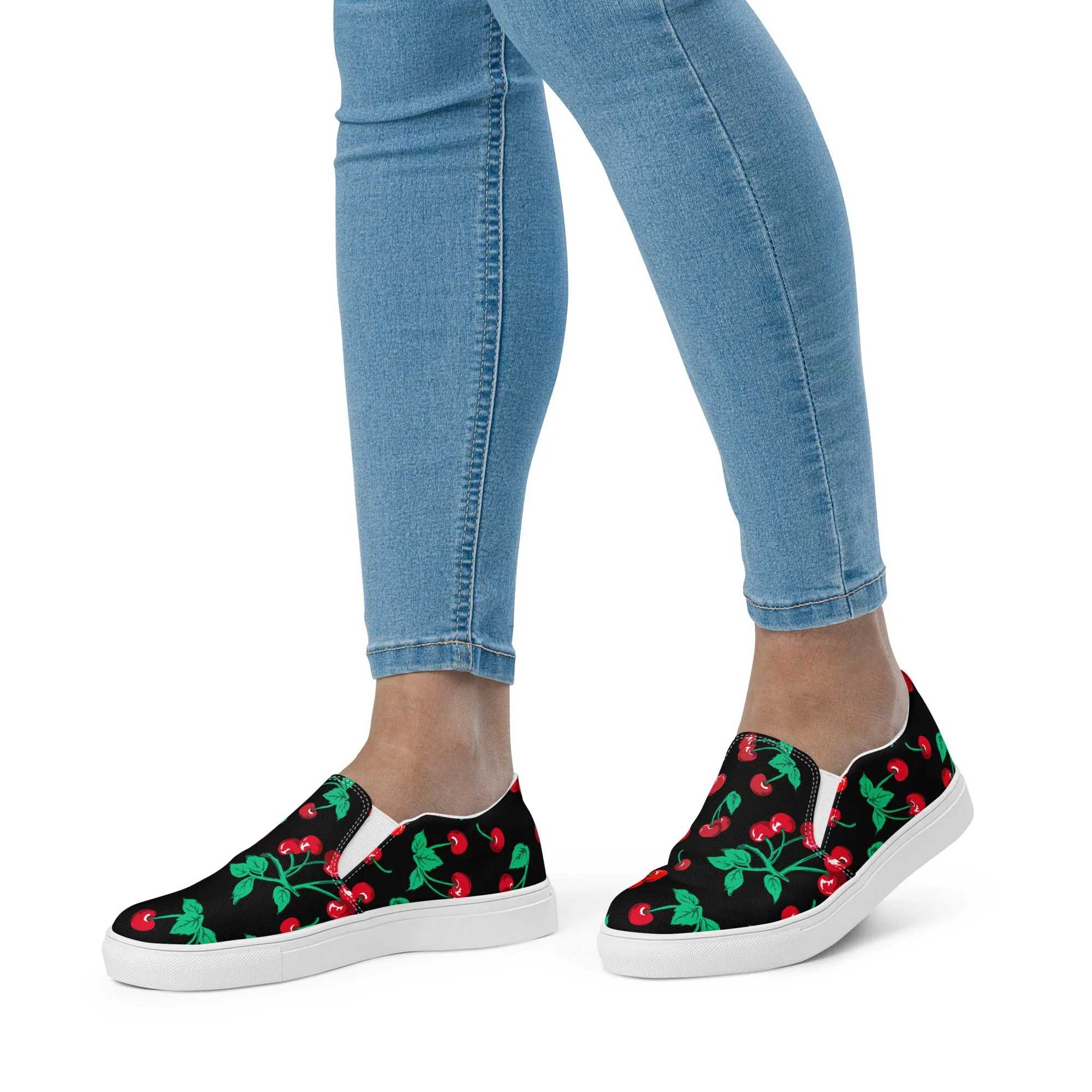 Black Coffee Cherry Girl Print Women’s Canvas Slip-On Deck Shoes | Pinup Couture Relaxed