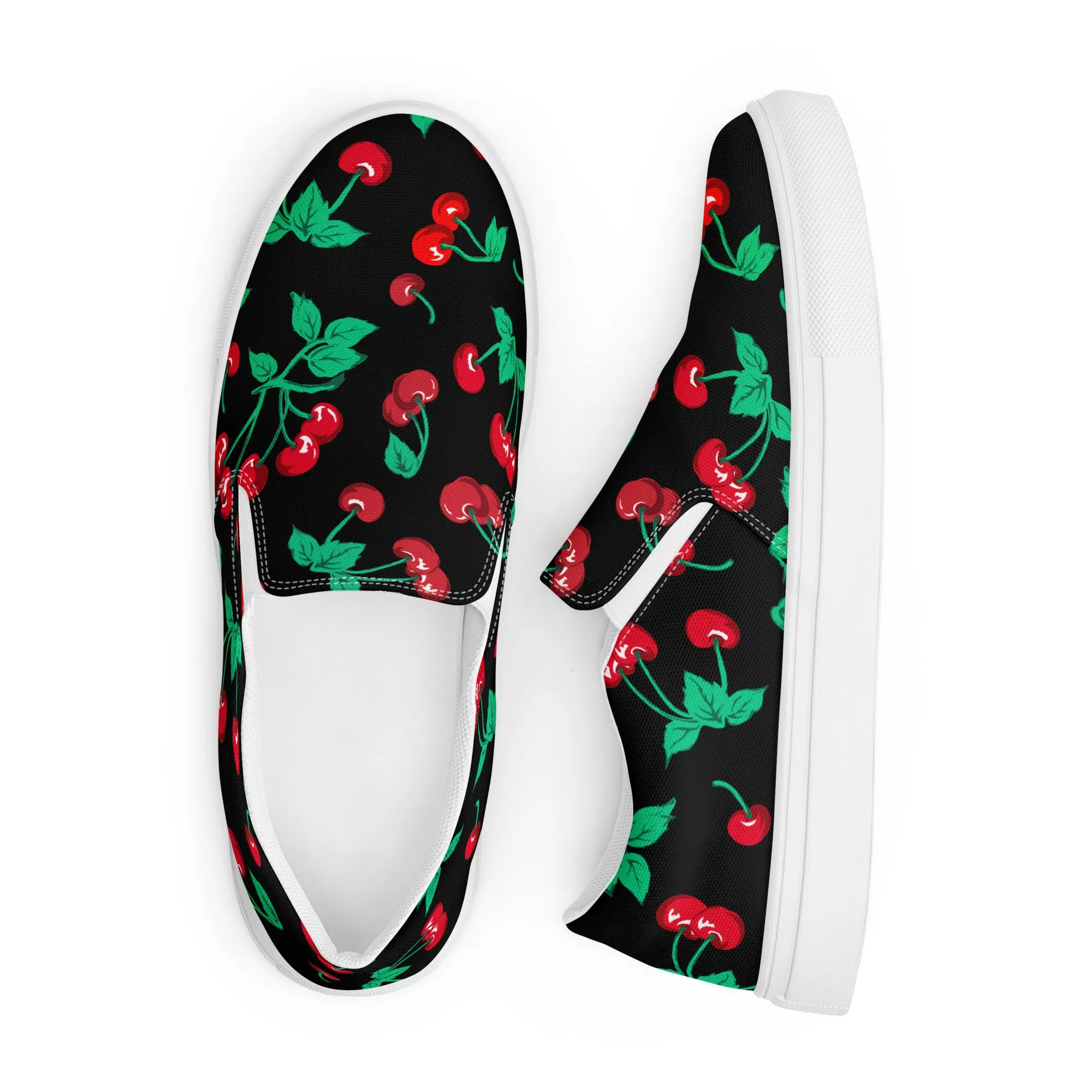 Black Coffee Cherry Girl Print Women’s Canvas Slip-On Deck Shoes | Pinup Couture Relaxed