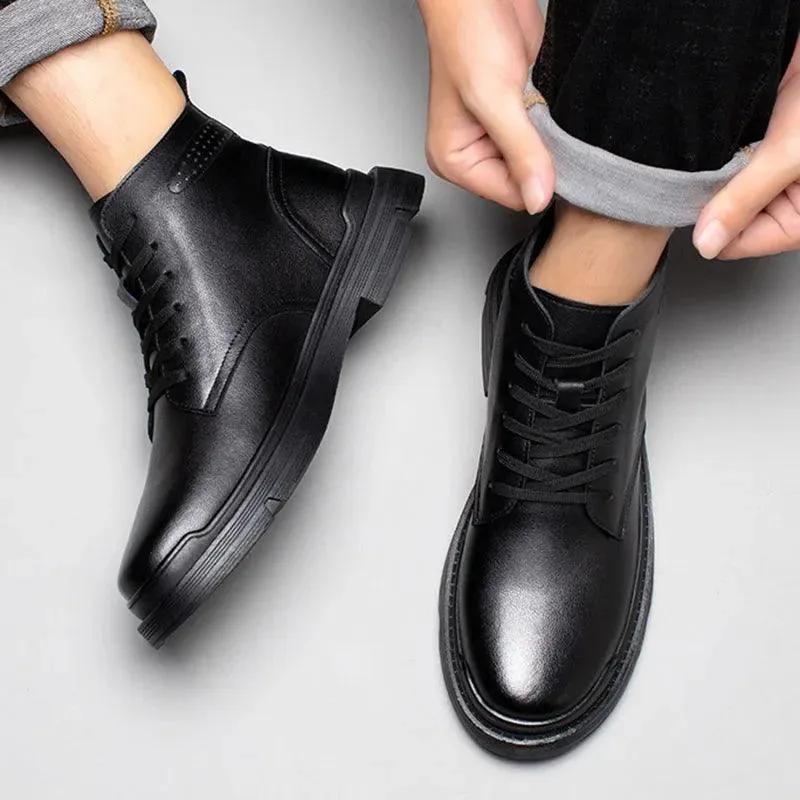 Black Leather Thick Ankle Boots - KA3094 Men's Casual Shoes