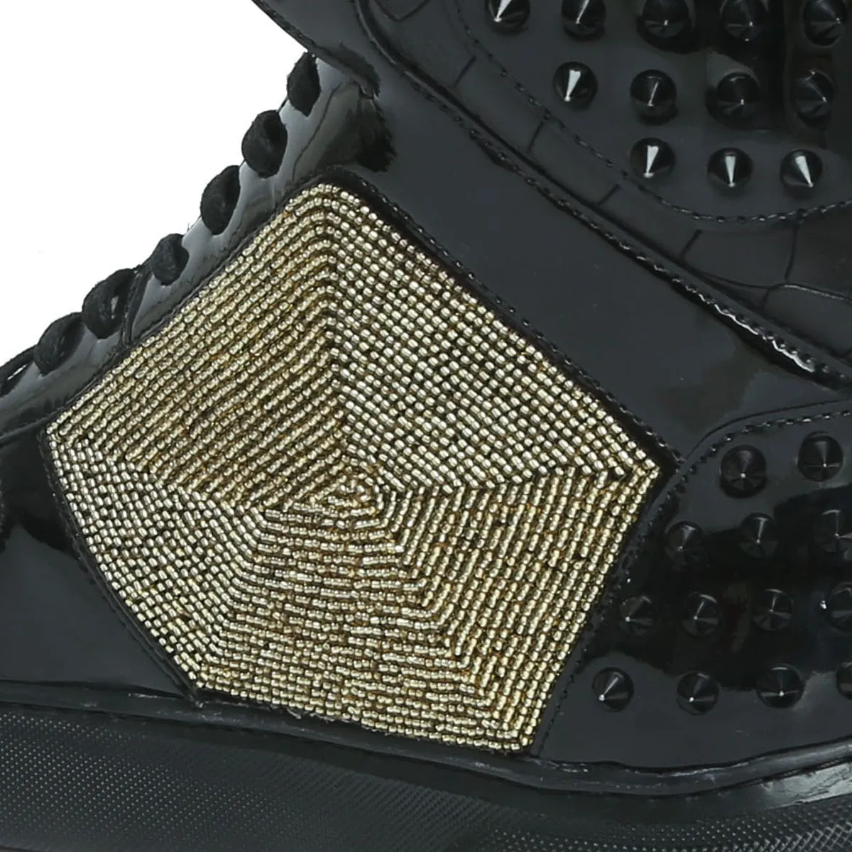 Black Studded Leather Sneakers with Patent Detailing Golden Beads Lion Zardosi