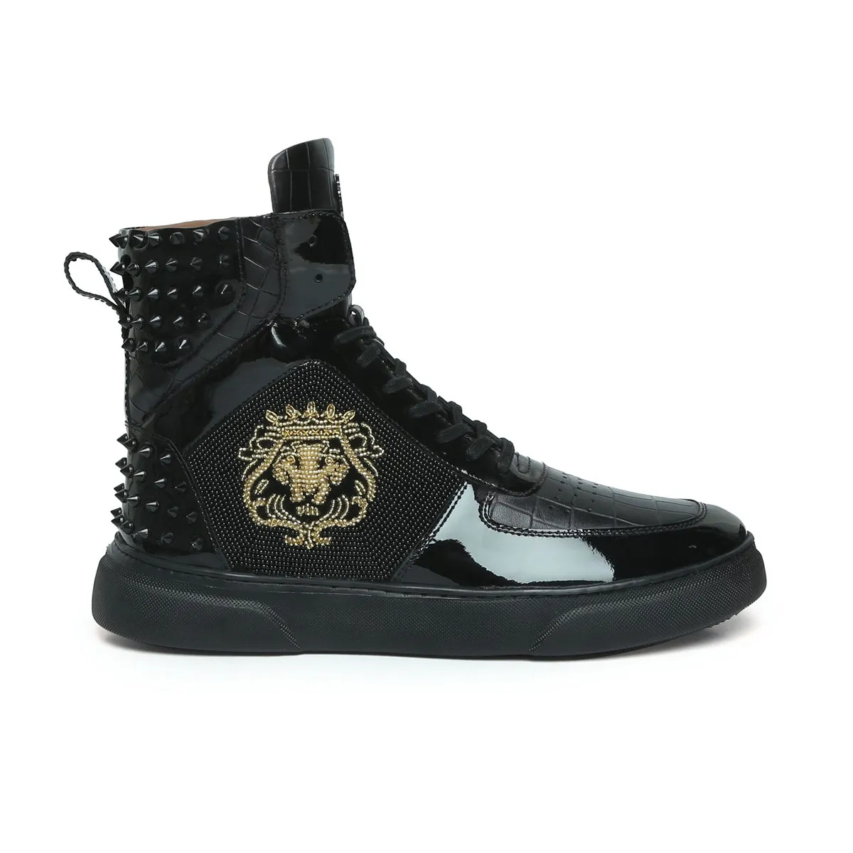 Black Studded Leather Sneakers with Patent Detailing Golden Beads Lion Zardosi