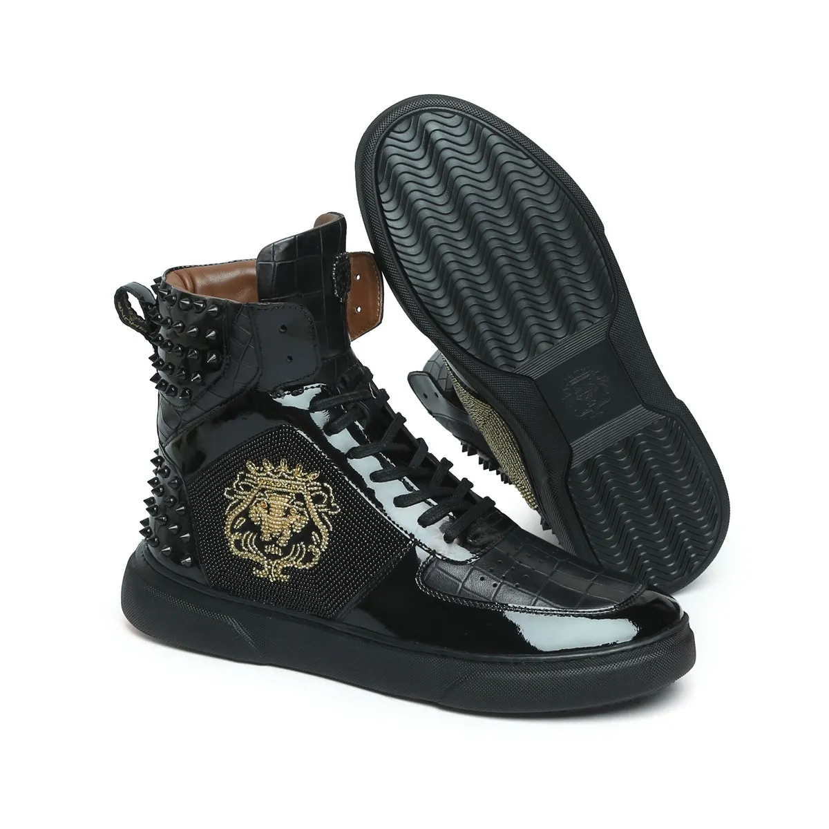 Black Studded Leather Sneakers with Patent Detailing Golden Beads Lion Zardosi