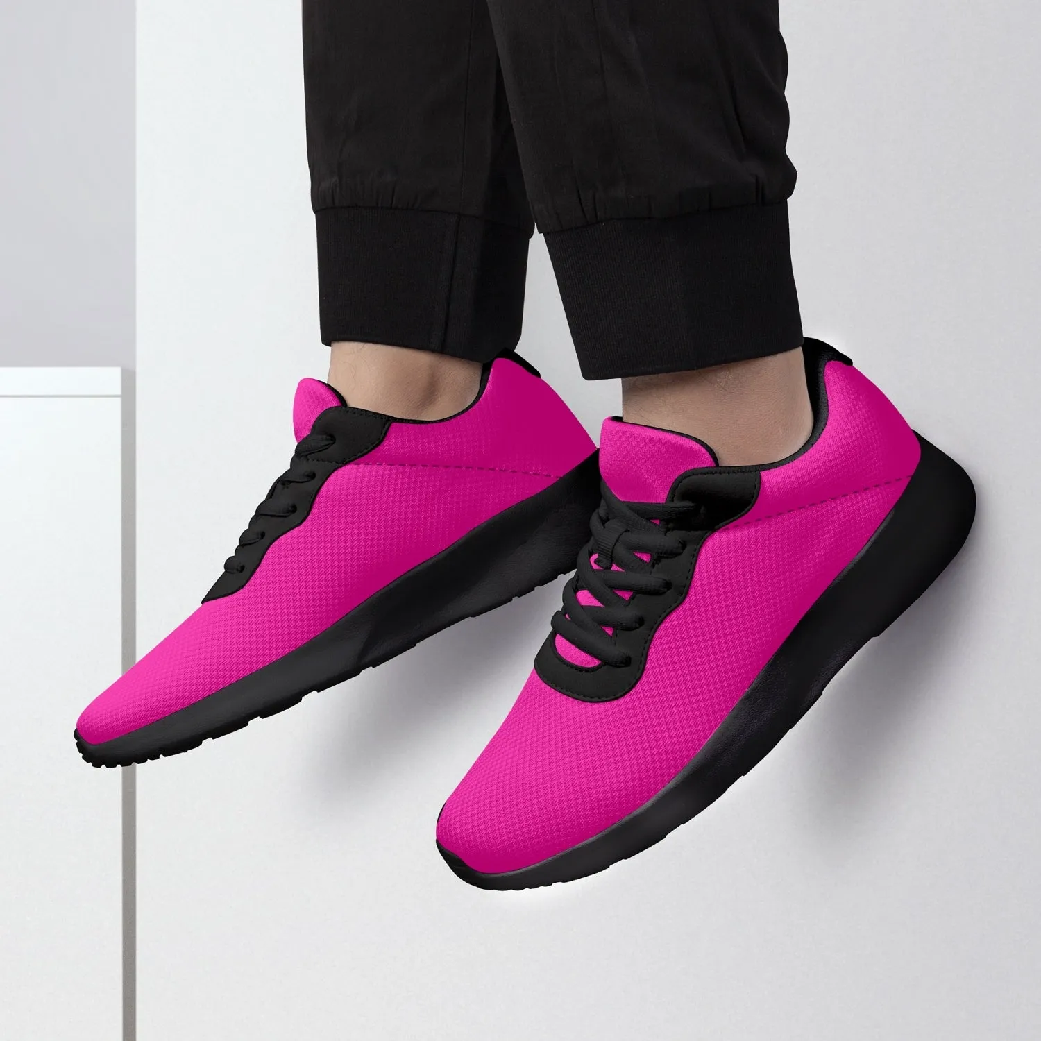 Bright Hot Pink Unisex Kicks, Soft Solid Pink Color Best Lifestyle Unisex Casual Designer Mesh Running Shoes With Black Soles