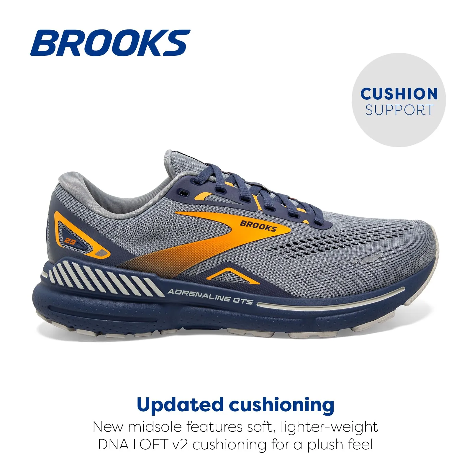 Brooks Men’s Adrenaline GTS 23 Supportive Running Shoe - Grey/Crown Blue/Orange - 10.5 Medium