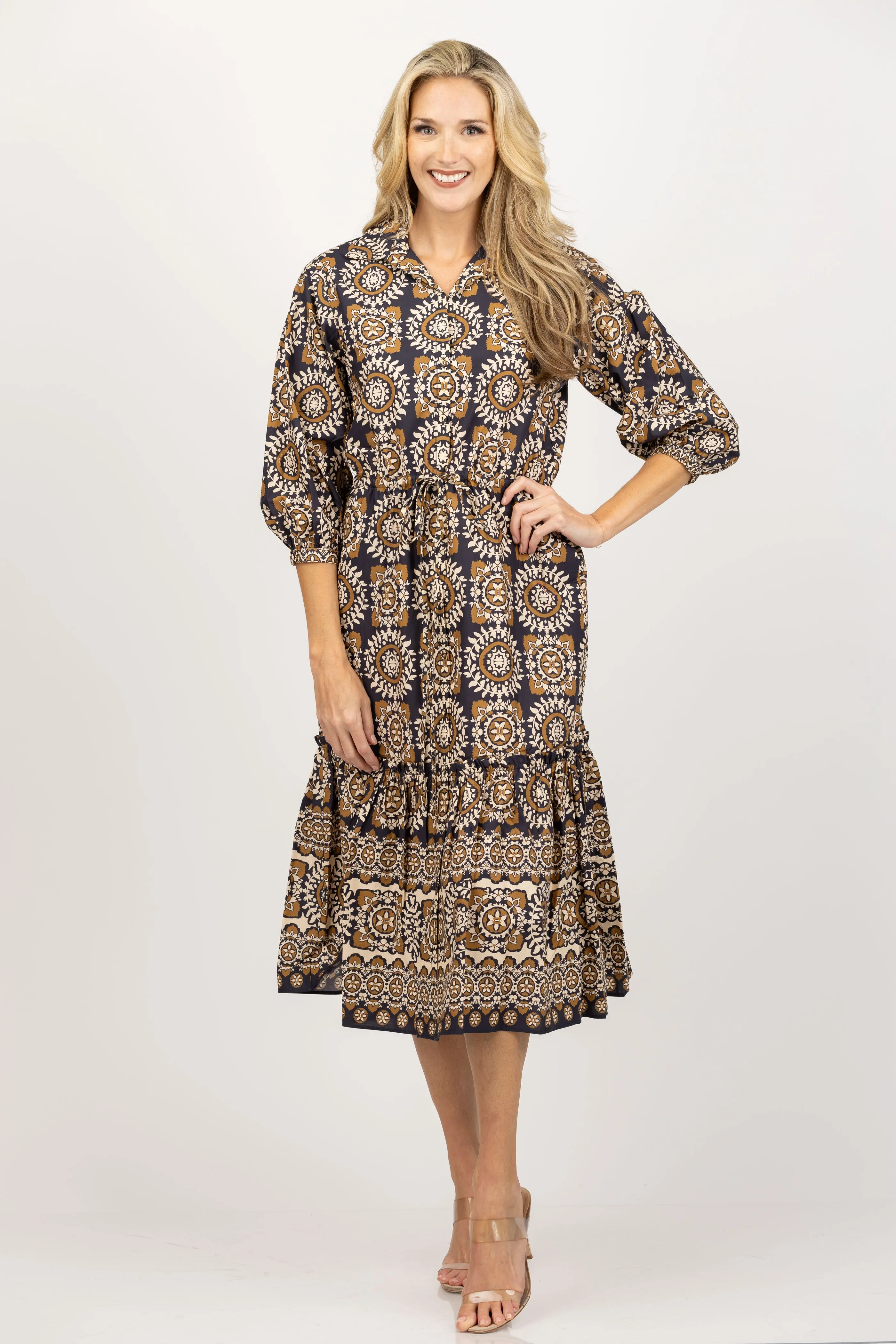 Cara Cara Hutton Dress in Blue Medallion Tile