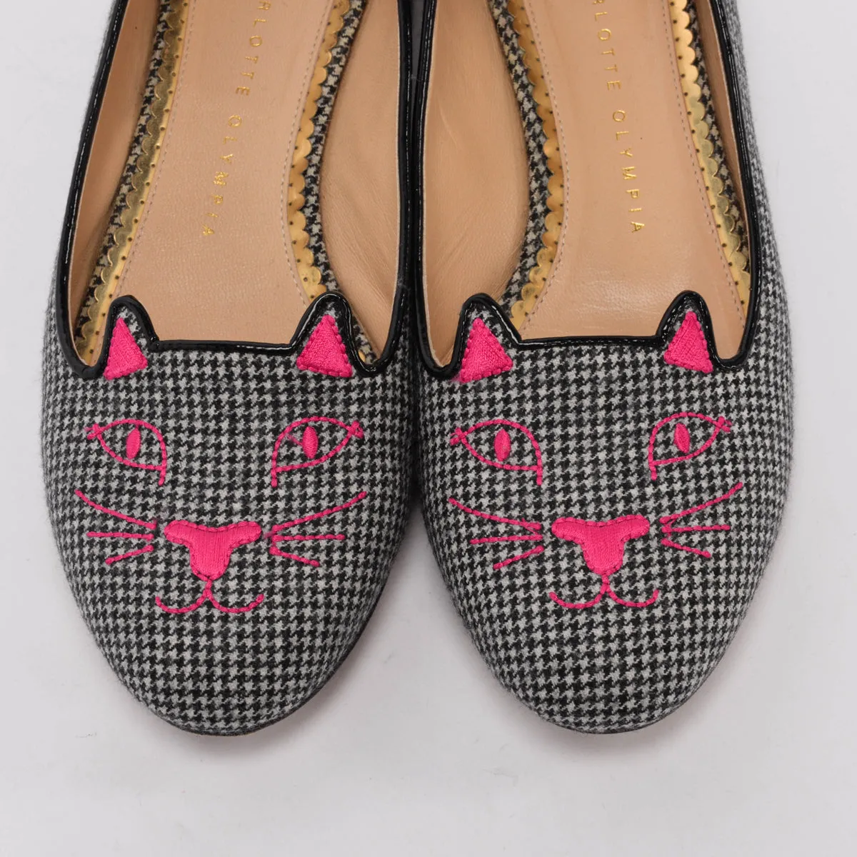 Charlotte Olympia Black & White Houndstooth Kitty Loafers 39