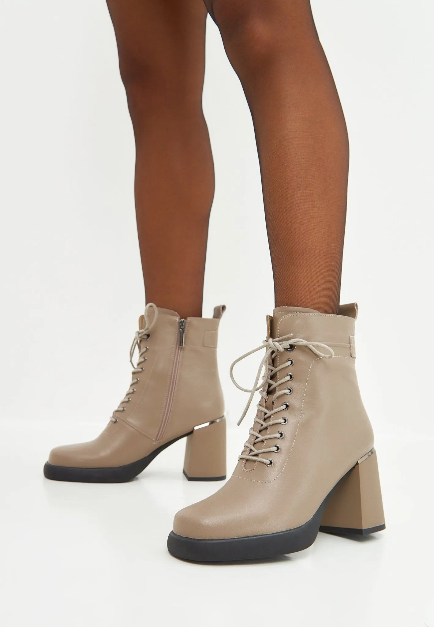 Classic High Heeled Ankle Boots - Beige