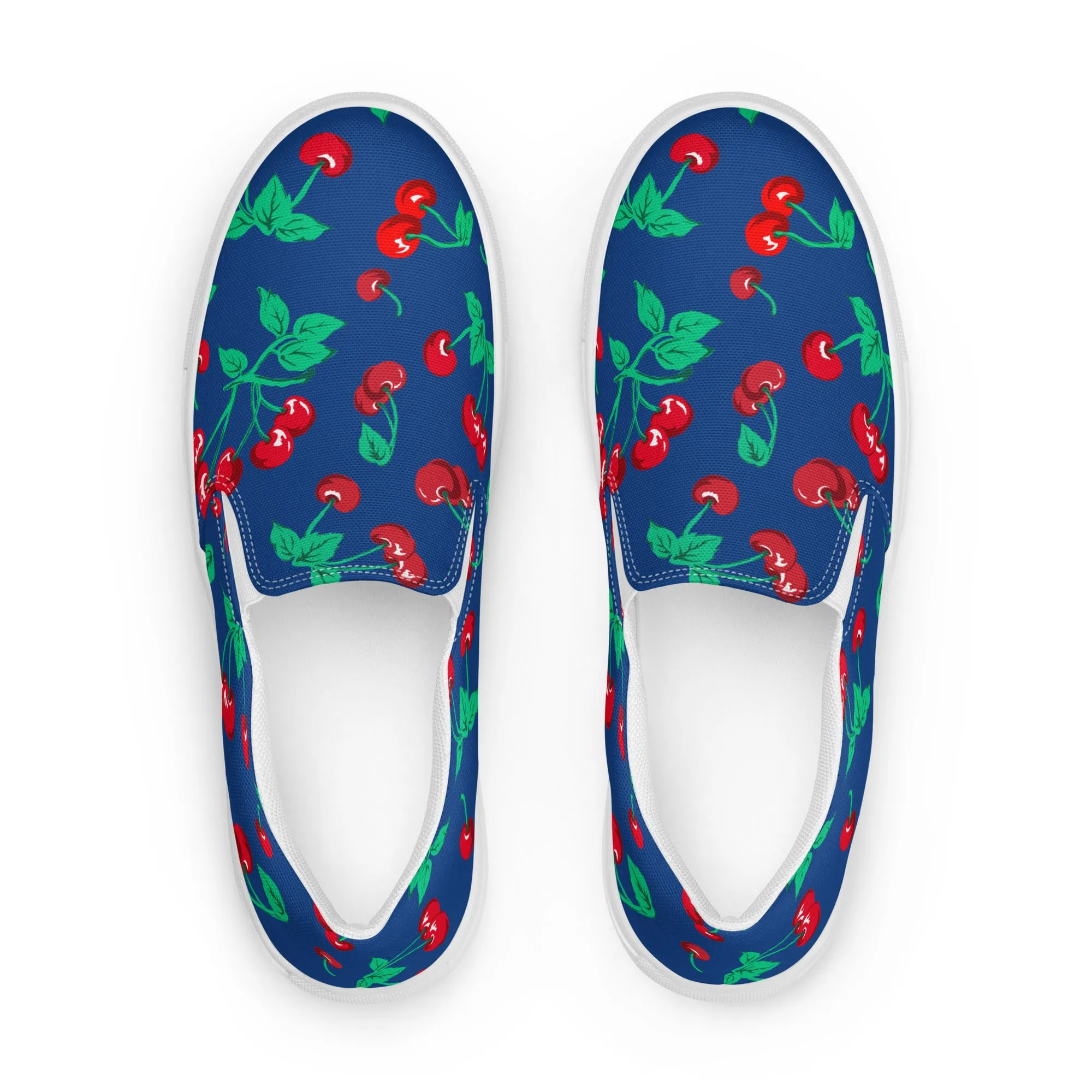 Dark Blue Cherry Girl Cherry Print Women’s Canvas Slip-On Deck Shoes | Pinup Couture Relaxed