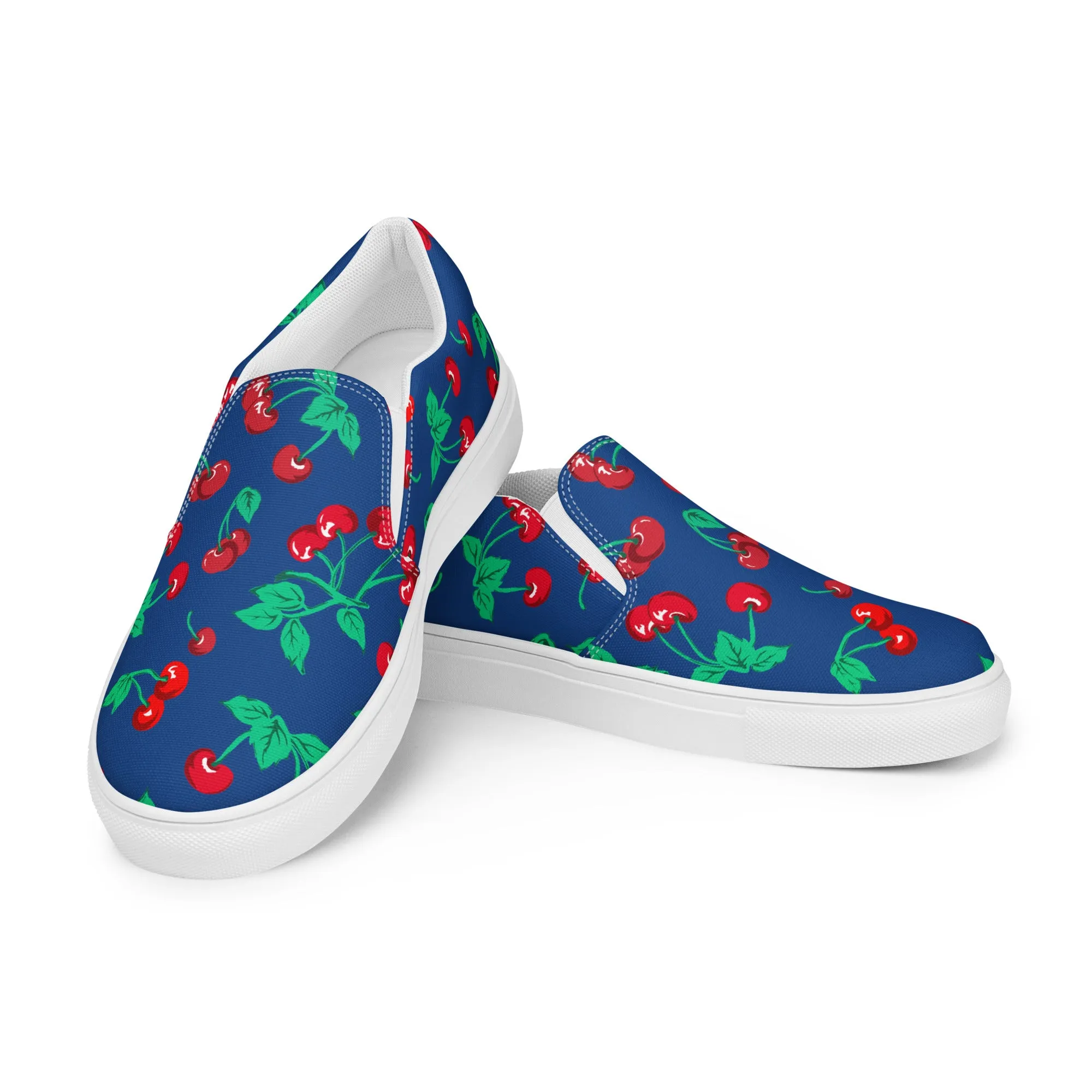 Dark Blue Cherry Girl Cherry Print Women’s Canvas Slip-On Deck Shoes | Pinup Couture Relaxed