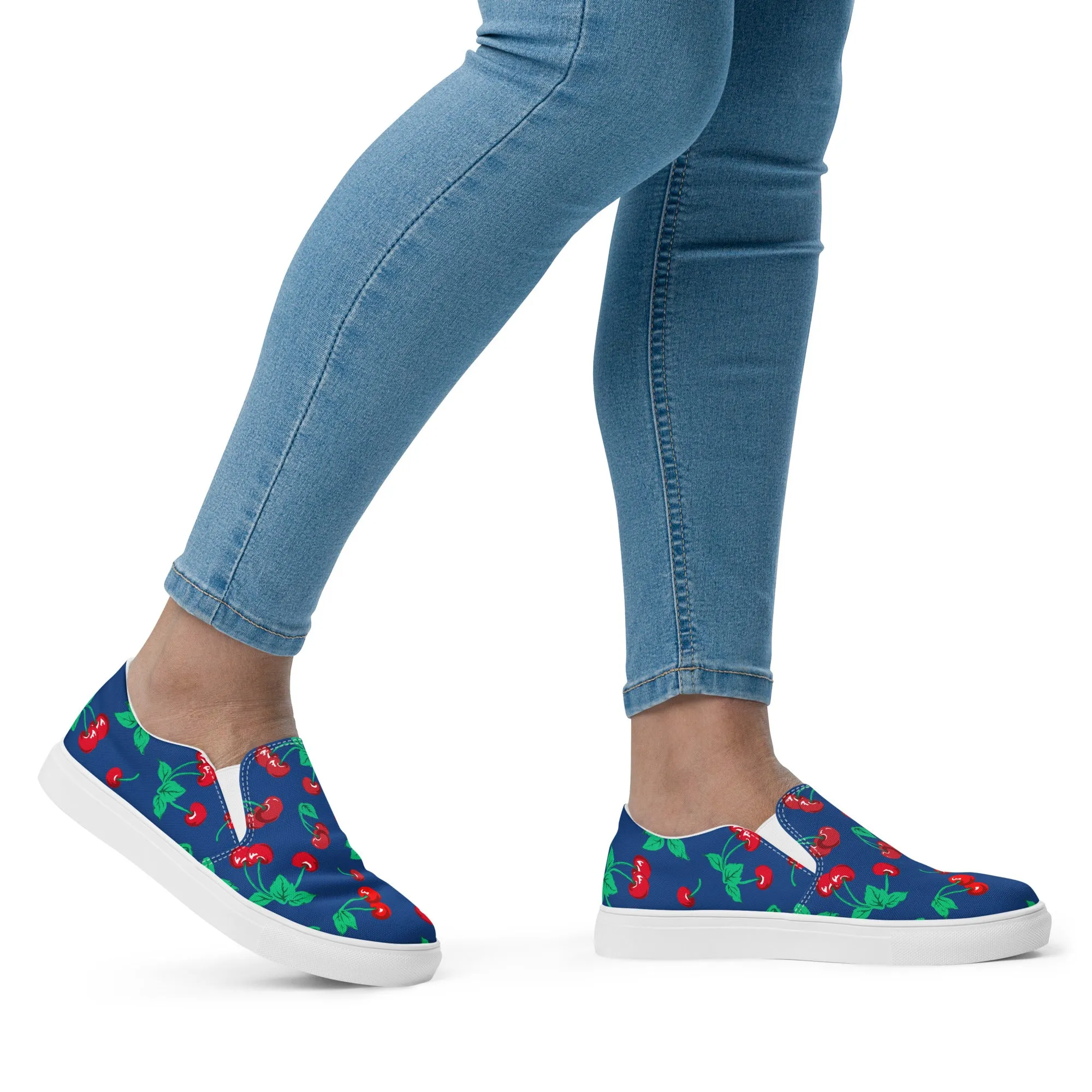 Dark Blue Cherry Girl Cherry Print Women’s Canvas Slip-On Deck Shoes | Pinup Couture Relaxed