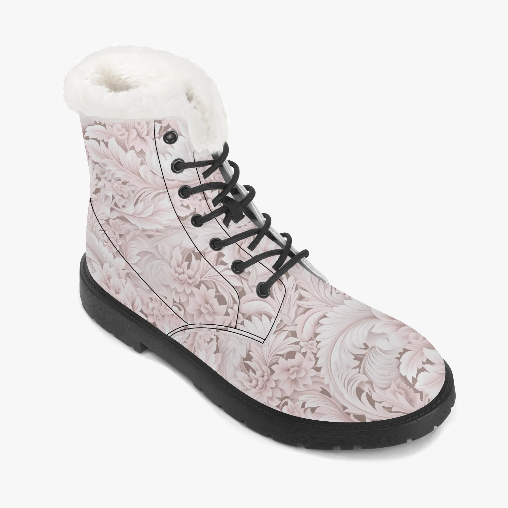 Faux Fur Leather Boots Pink Paisley