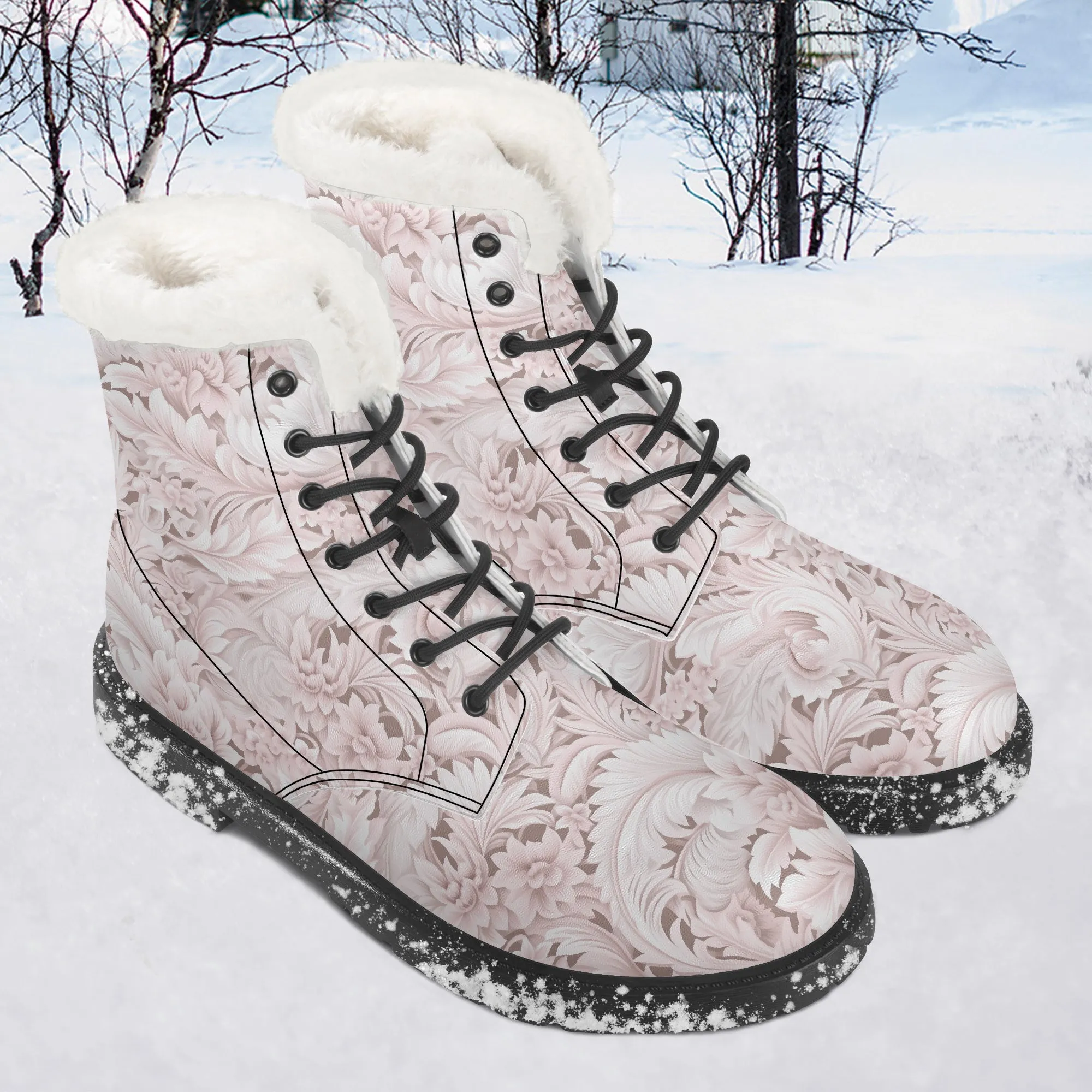 Faux Fur Leather Boots Pink Paisley