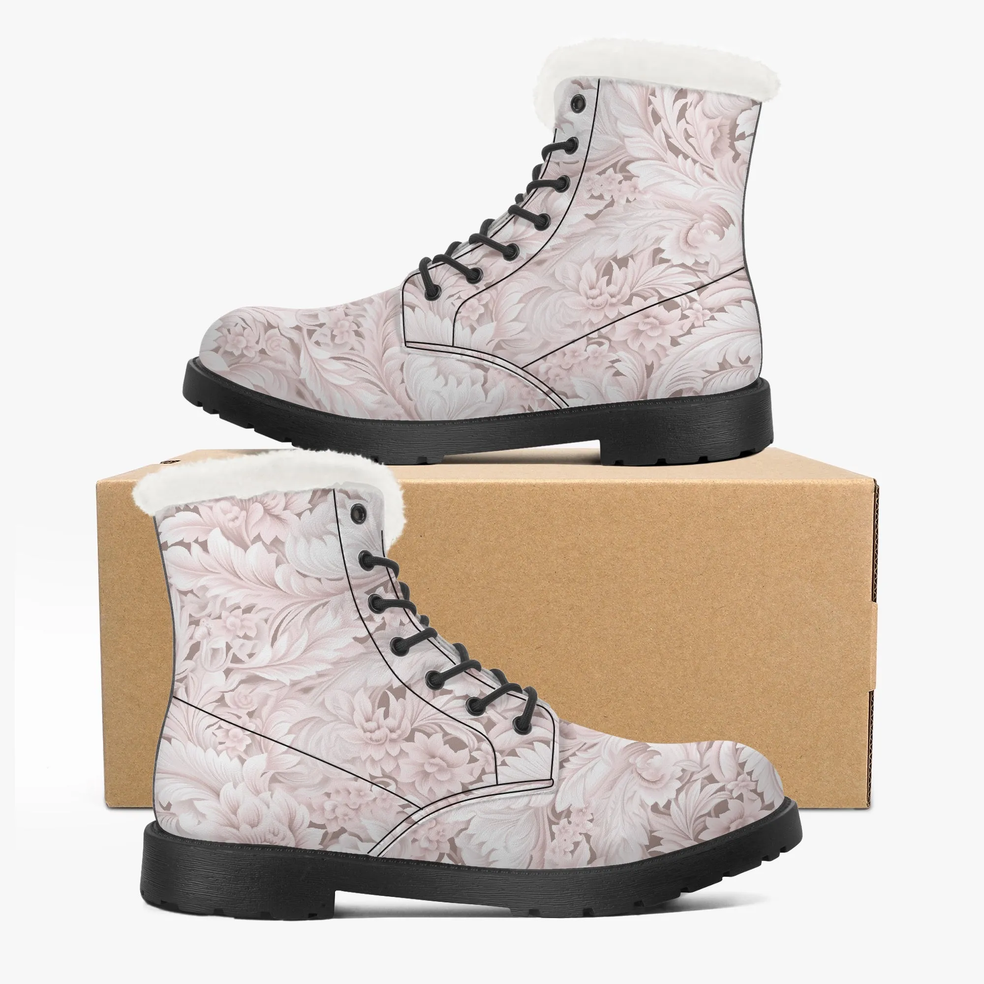 Faux Fur Leather Boots Pink Paisley