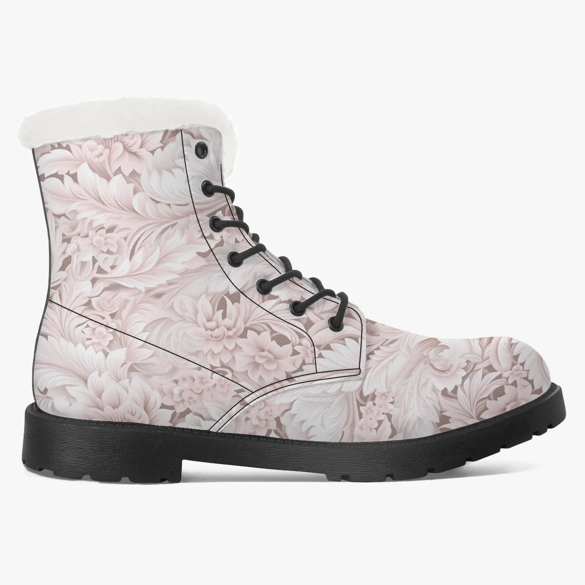 Faux Fur Leather Boots Pink Paisley