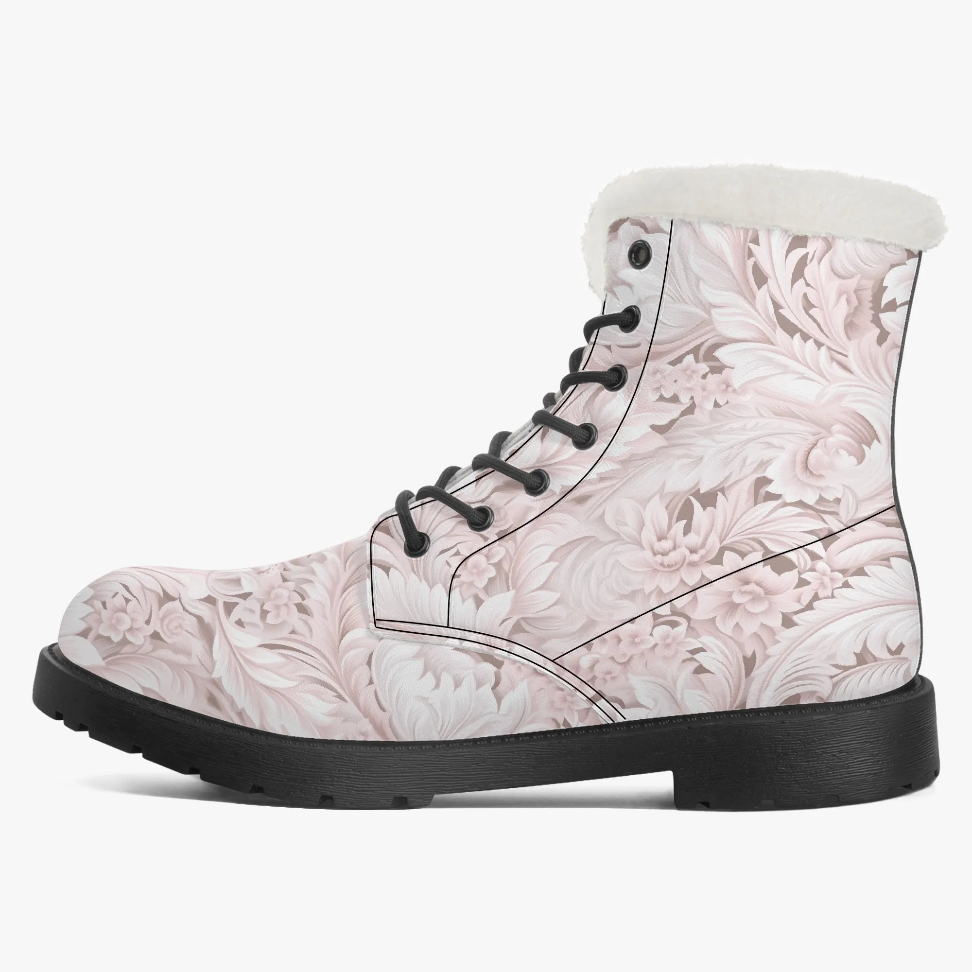 Faux Fur Leather Boots Pink Paisley