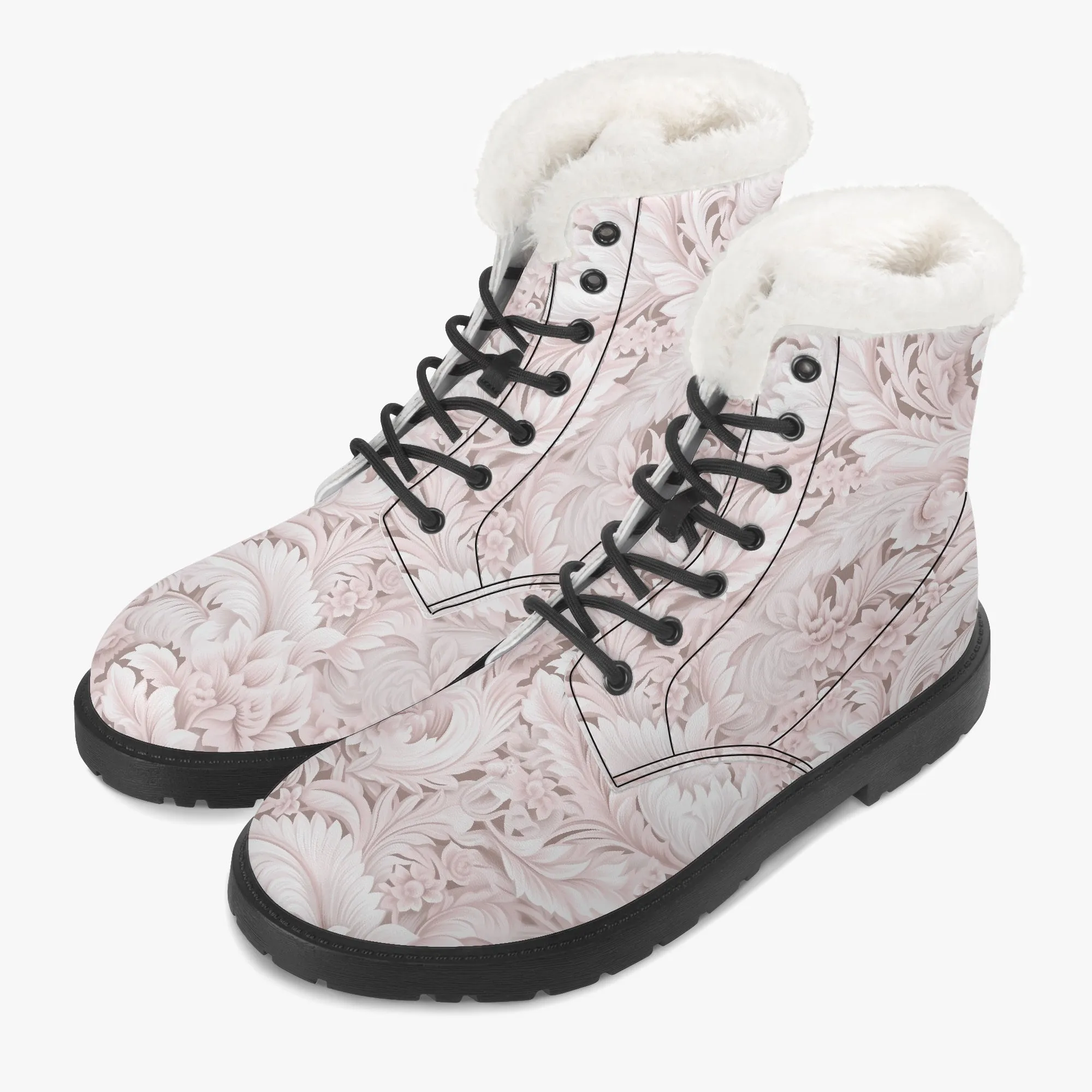 Faux Fur Leather Boots Pink Paisley