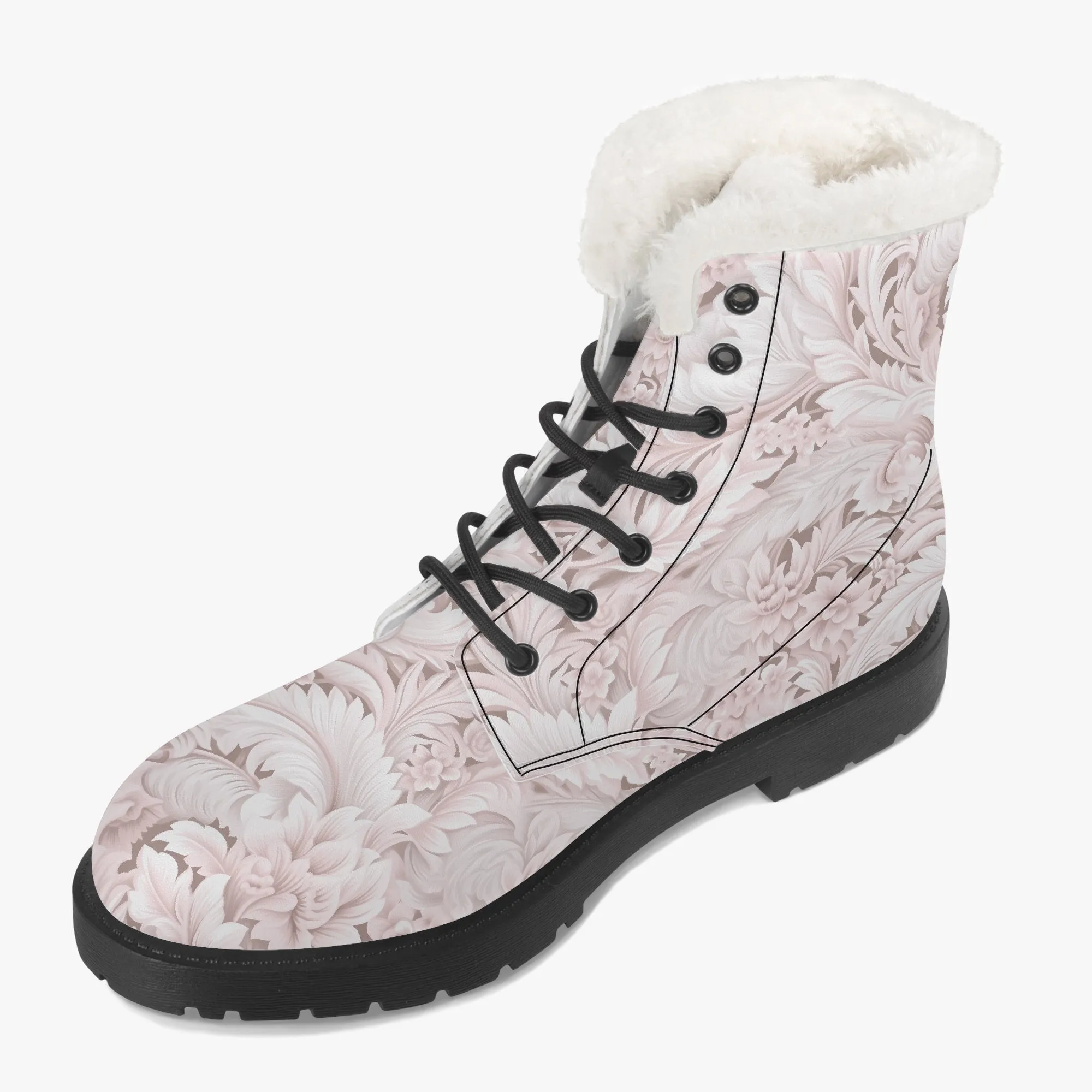 Faux Fur Leather Boots Pink Paisley