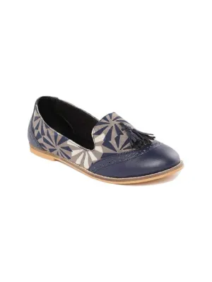 Flora Blue Solid & Block Printed Tasselled Handcrafted Loafers