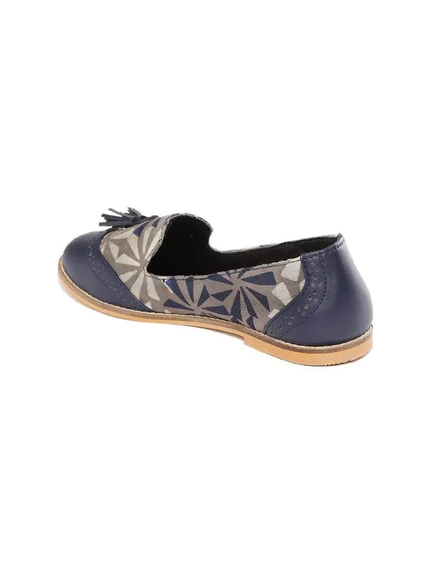 Flora Blue Solid & Block Printed Tasselled Handcrafted Loafers