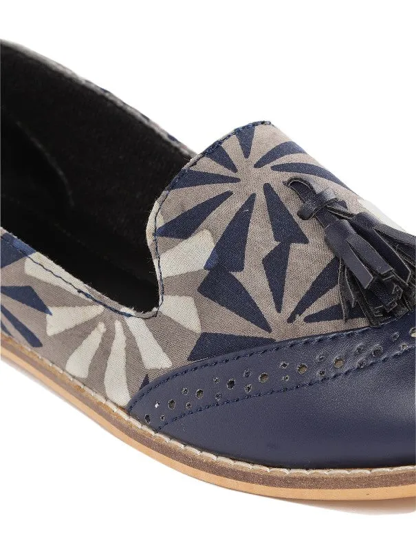 Flora Blue Solid & Block Printed Tasselled Handcrafted Loafers