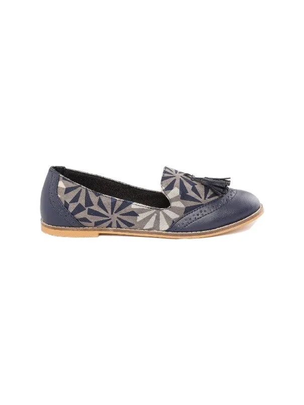 Flora Blue Solid & Block Printed Tasselled Handcrafted Loafers