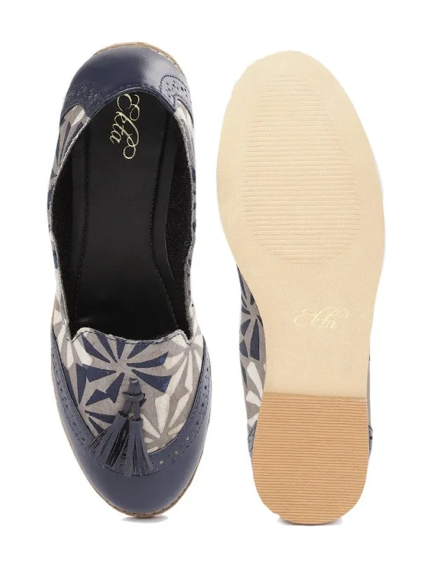 Flora Blue Solid & Block Printed Tasselled Handcrafted Loafers