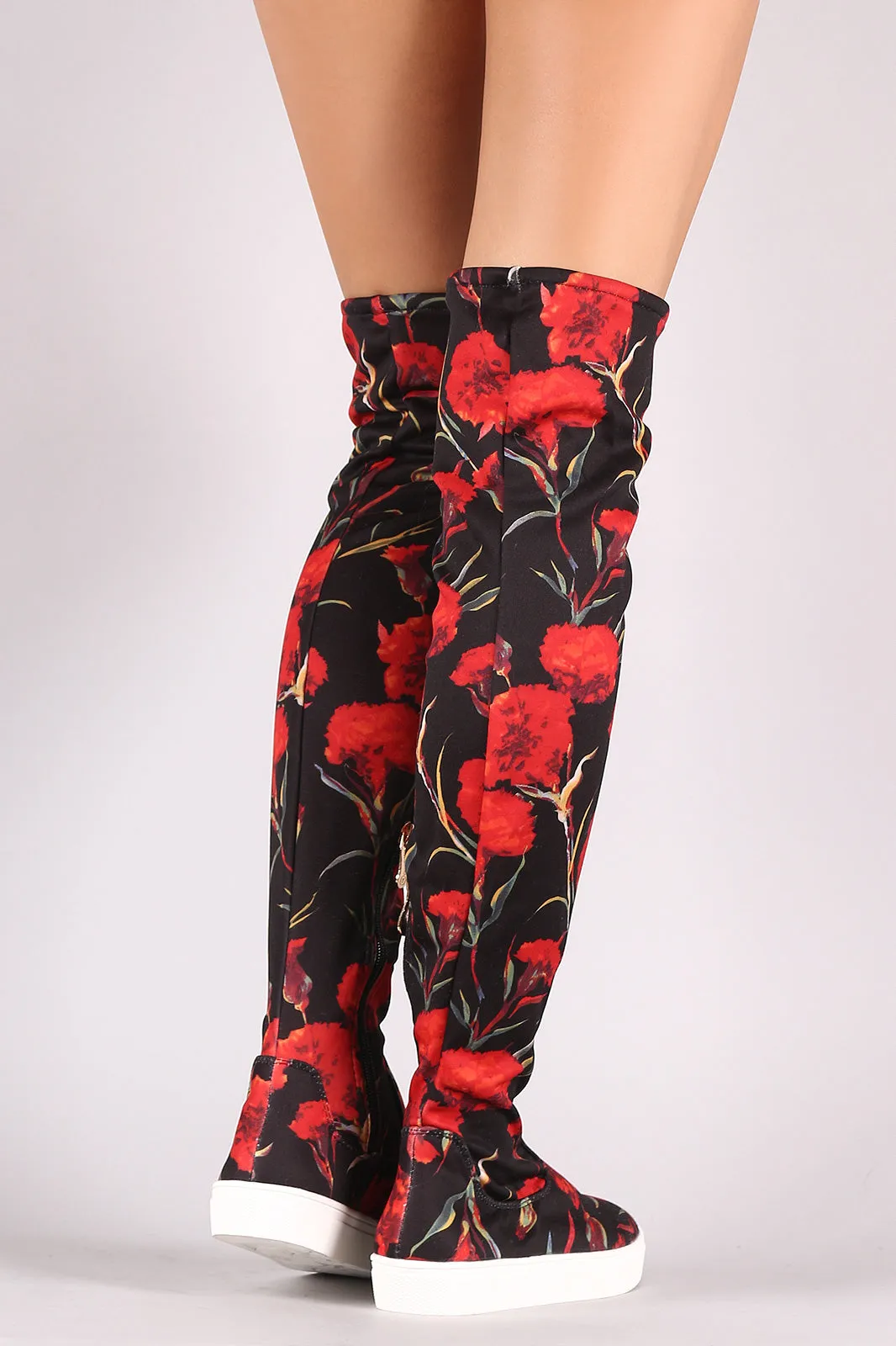 Floral Print Round Toe Over-The-Knee Sneaker Boots