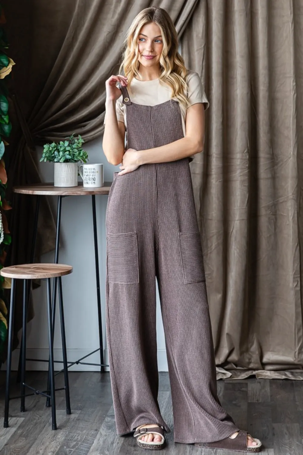 Full Size Ribbed Front Pocket Jumpsuit