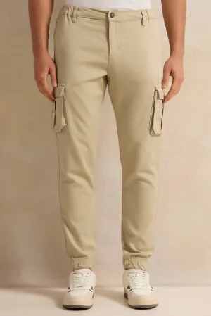 Men Beige Cargo Denim Jogger