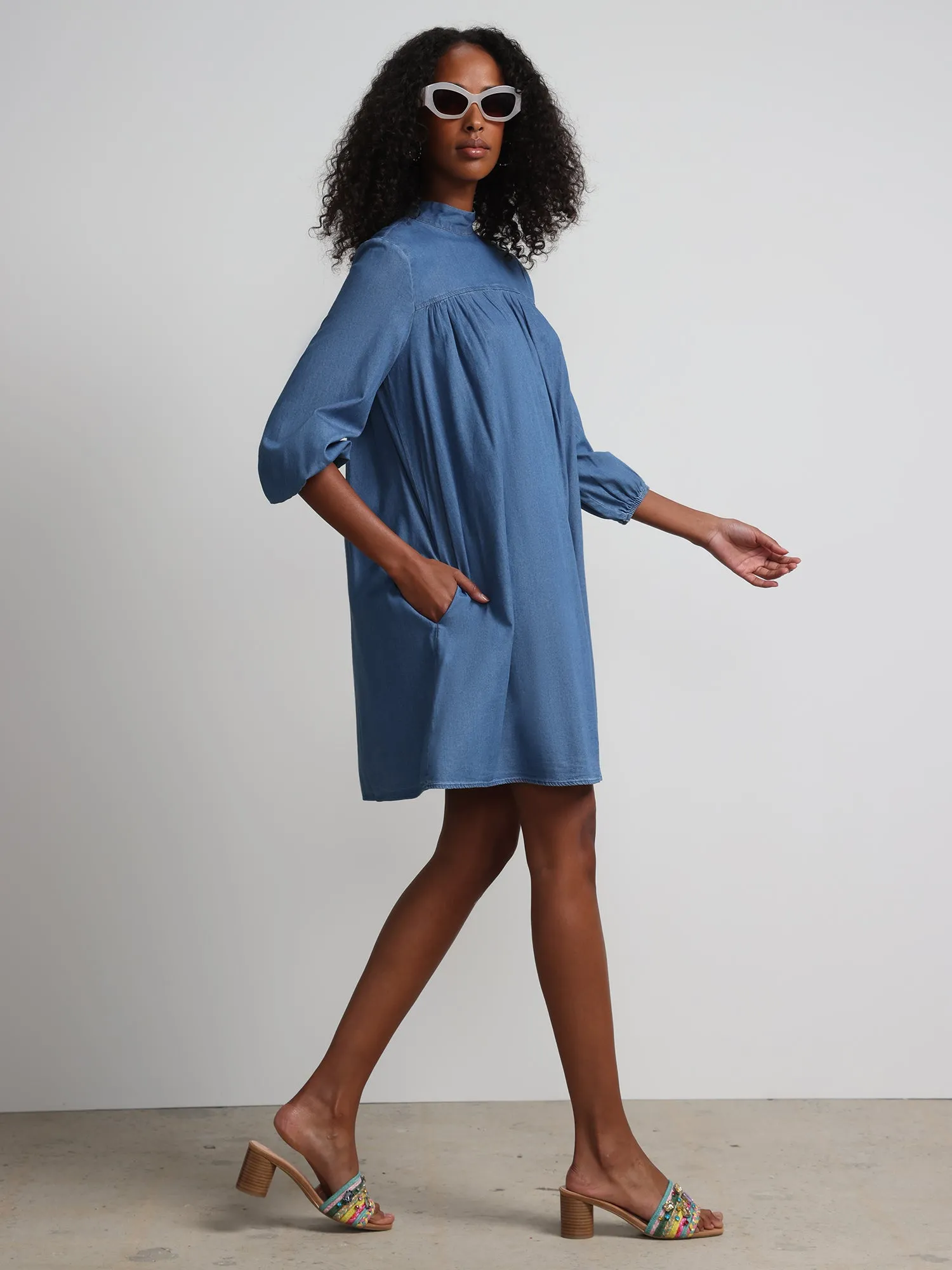 Mock-Neck Tencel-Denim Shift Dress