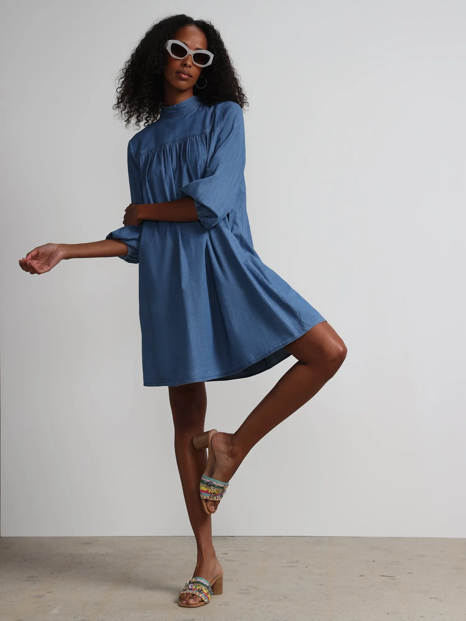 Mock-Neck Tencel-Denim Shift Dress