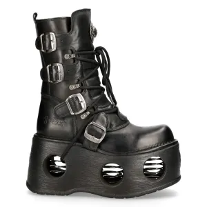 New Rock 373-S2 Metallic Black Leather Neptuno Platform Gothic Boots Buckle