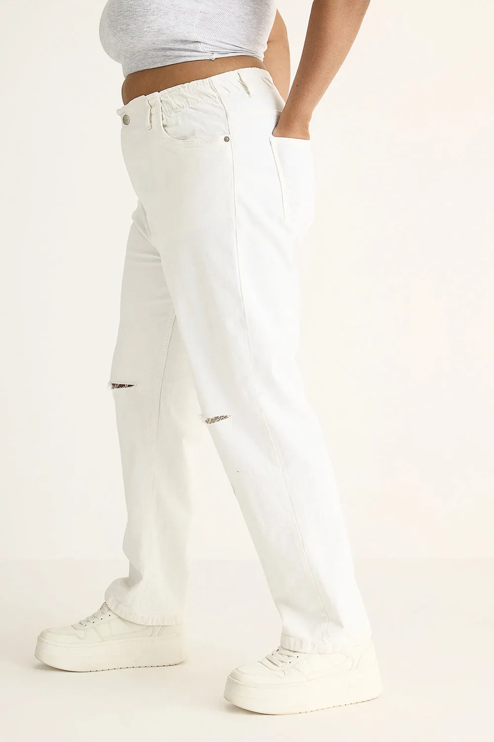 Pearl White Torn Knee Mom Jeans