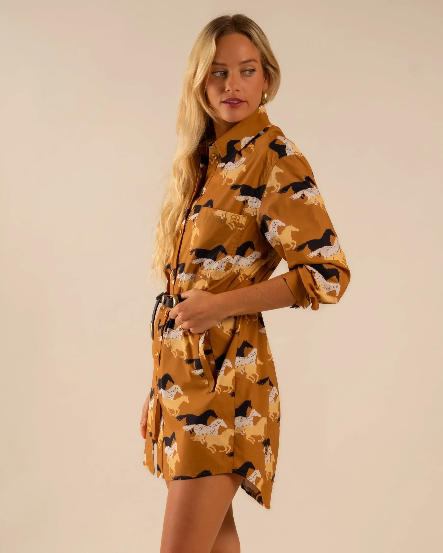 Preslie Poplin Shirt Dress All Over Wild Horses Pattern