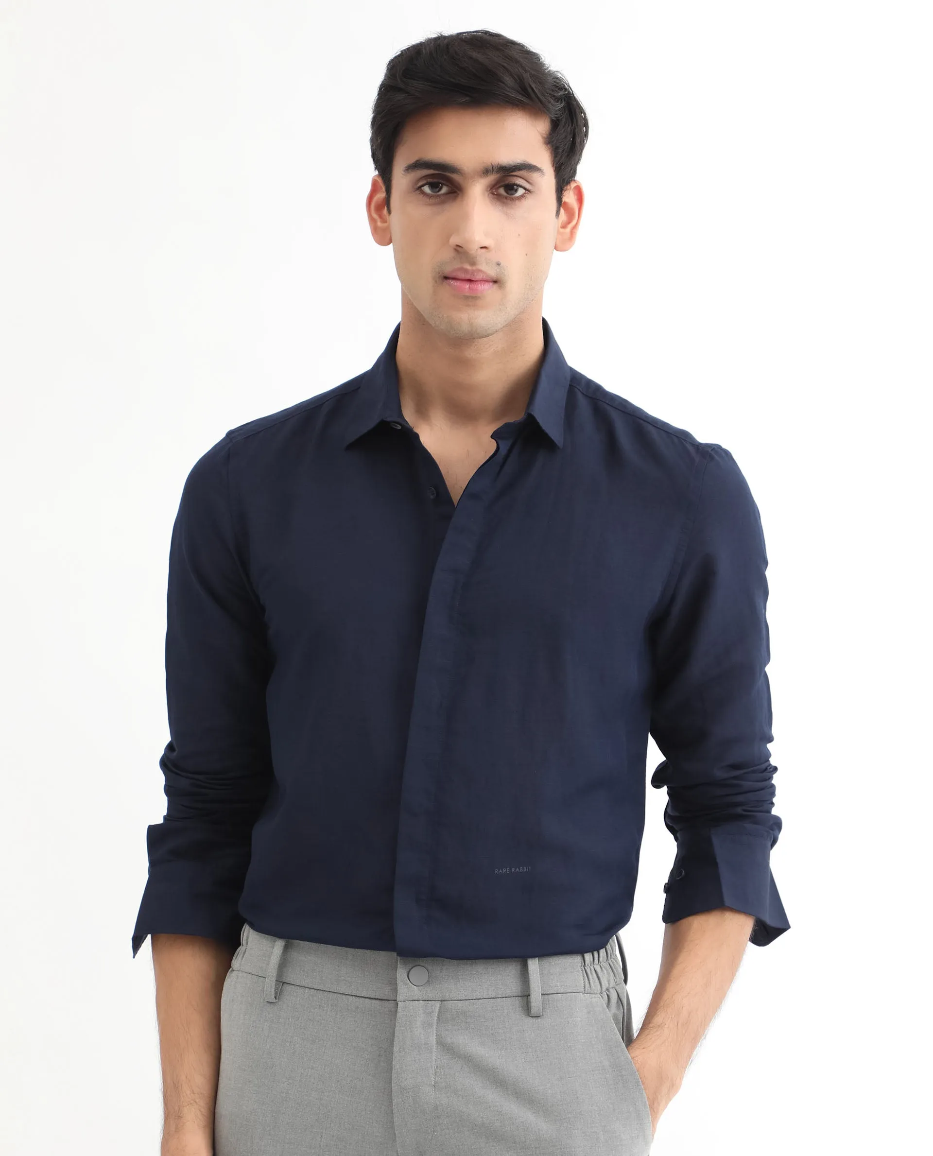 Rare Rabbit Men's Throner Navy Full Sleeves Solid Linen Blend Shirt