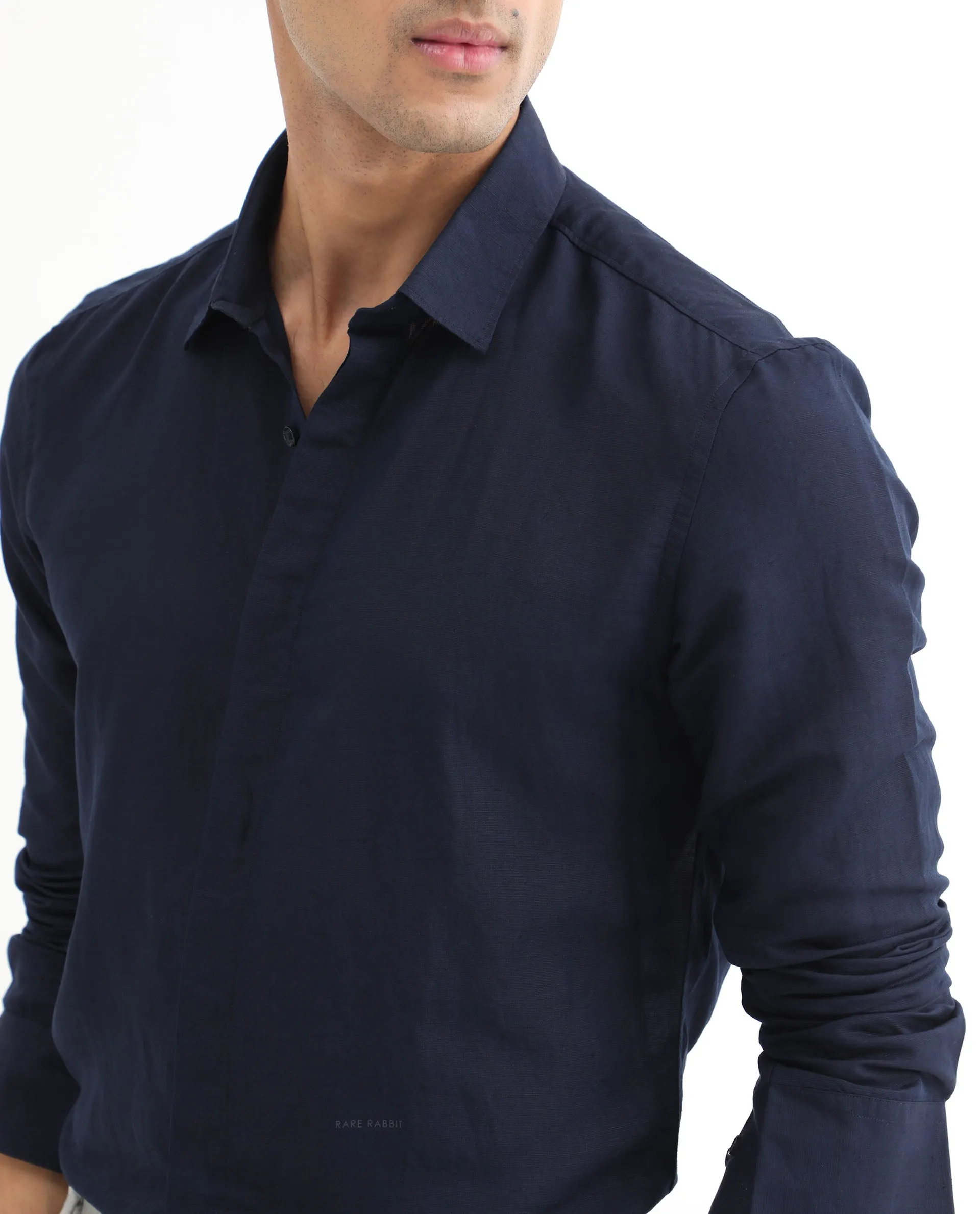 Rare Rabbit Men's Throner Navy Full Sleeves Solid Linen Blend Shirt