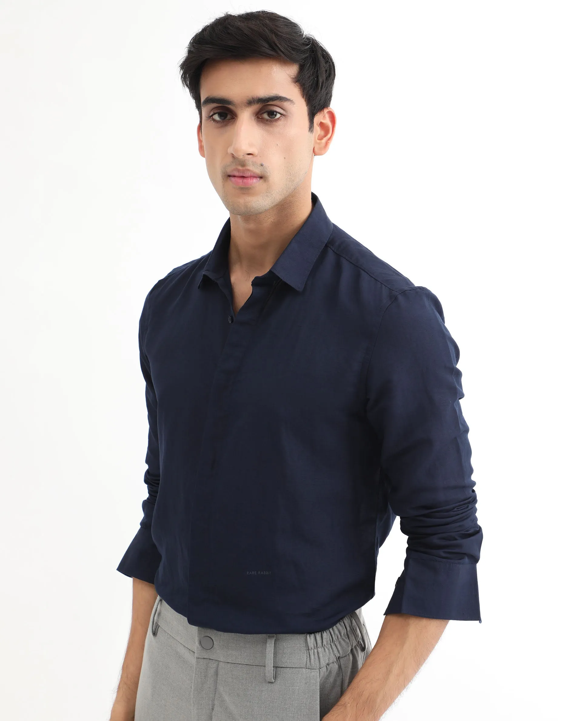 Rare Rabbit Men's Throner Navy Full Sleeves Solid Linen Blend Shirt