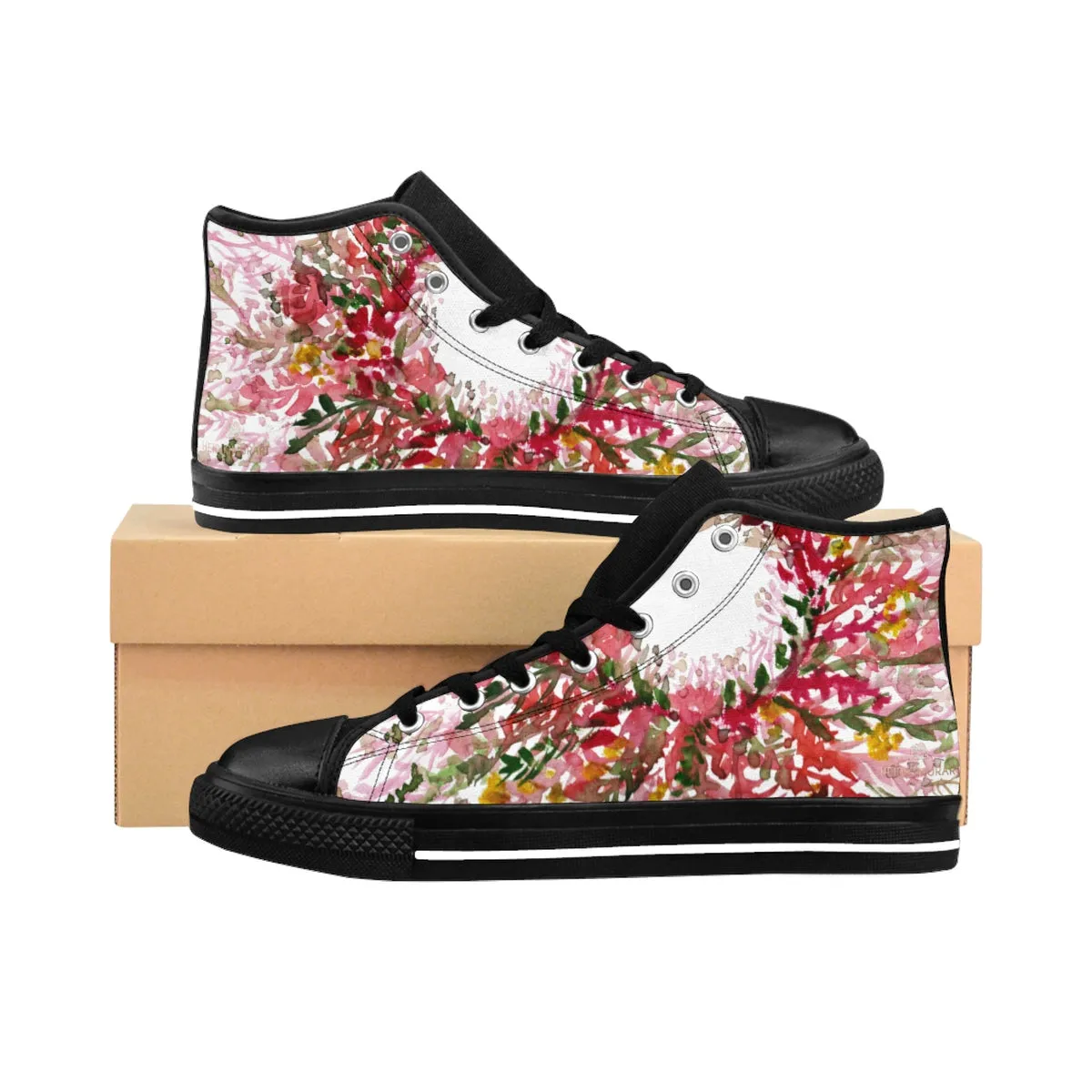 Red Fall Floral Men's High Tops, Flower Print Designer Men's High-top Sneakers Tennis Fashion Running Shoes