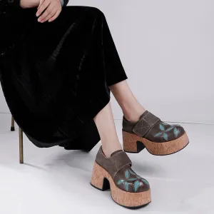 Retro Burnt Cow Leather Platform Loafers For Women with Flowers Designer Shoes in Gray/Coffee