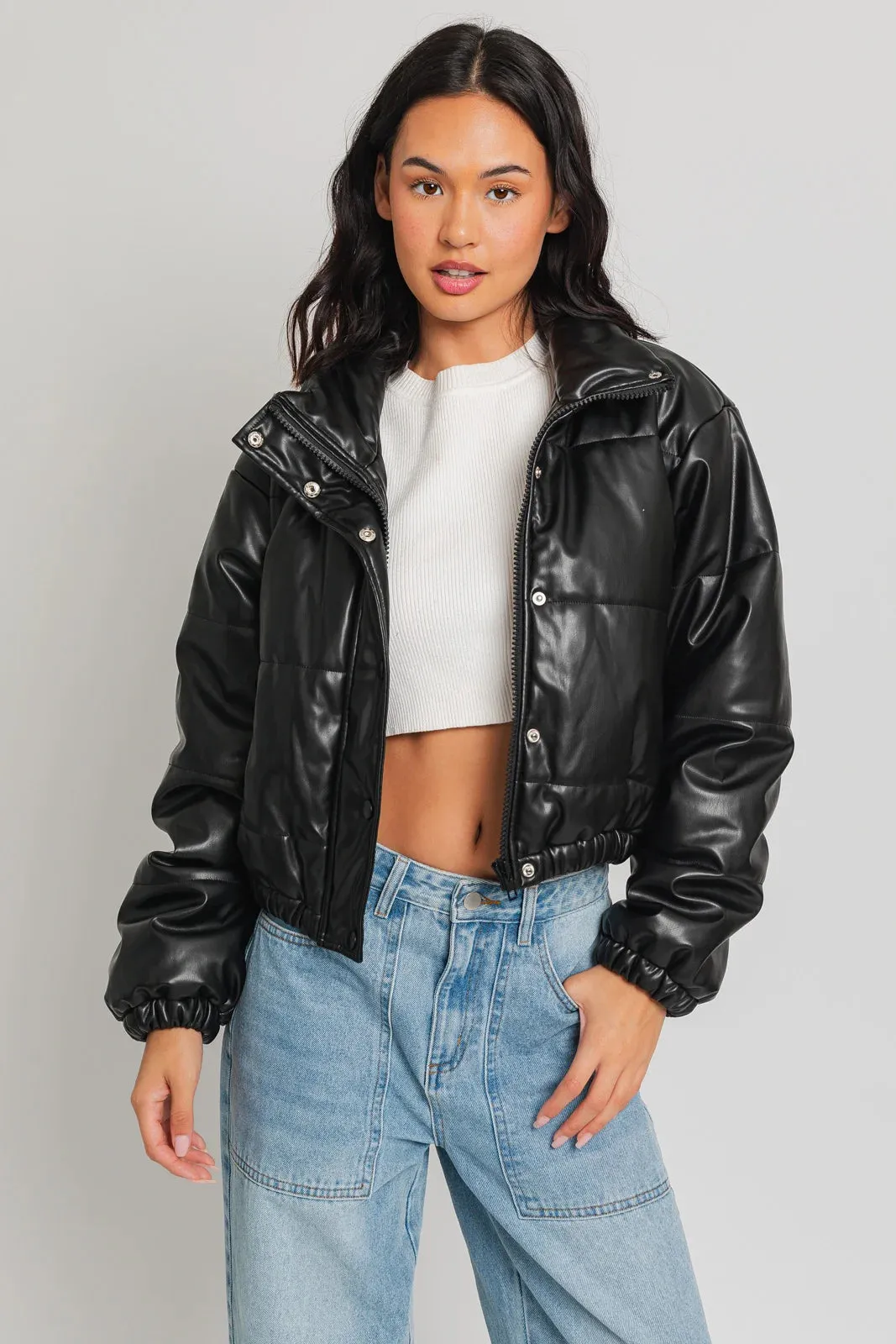 Short Lined Pocketed Faux Leather Puffer Jacket