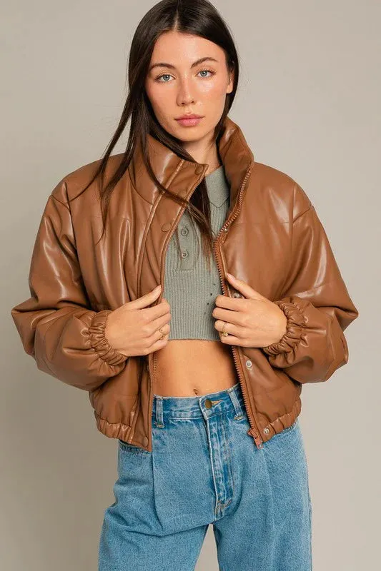 Short Lined Pocketed Faux Leather Puffer Jacket