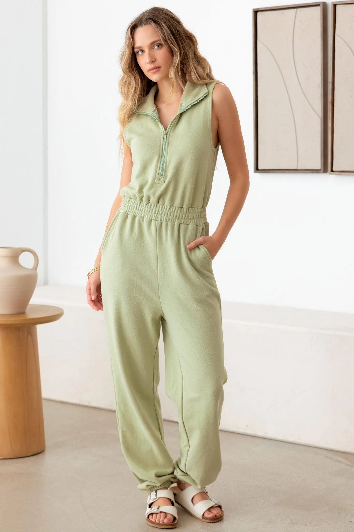 Sleeveless Mock Neck Front Zipper Jumpsuit