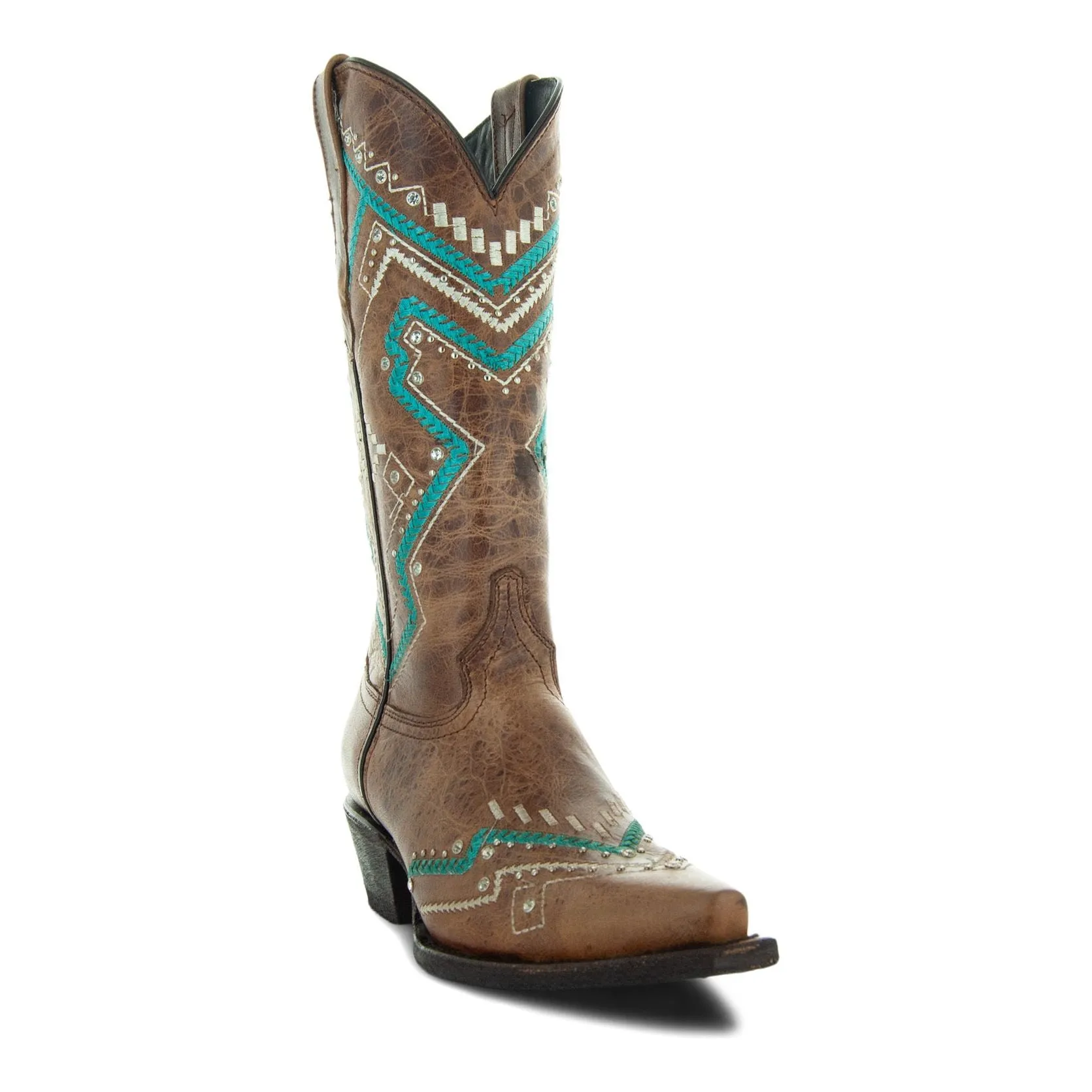 Soto Boots Womens Tan and Turquoise Embroidery Snip Toe Cowgirl Boots M50063